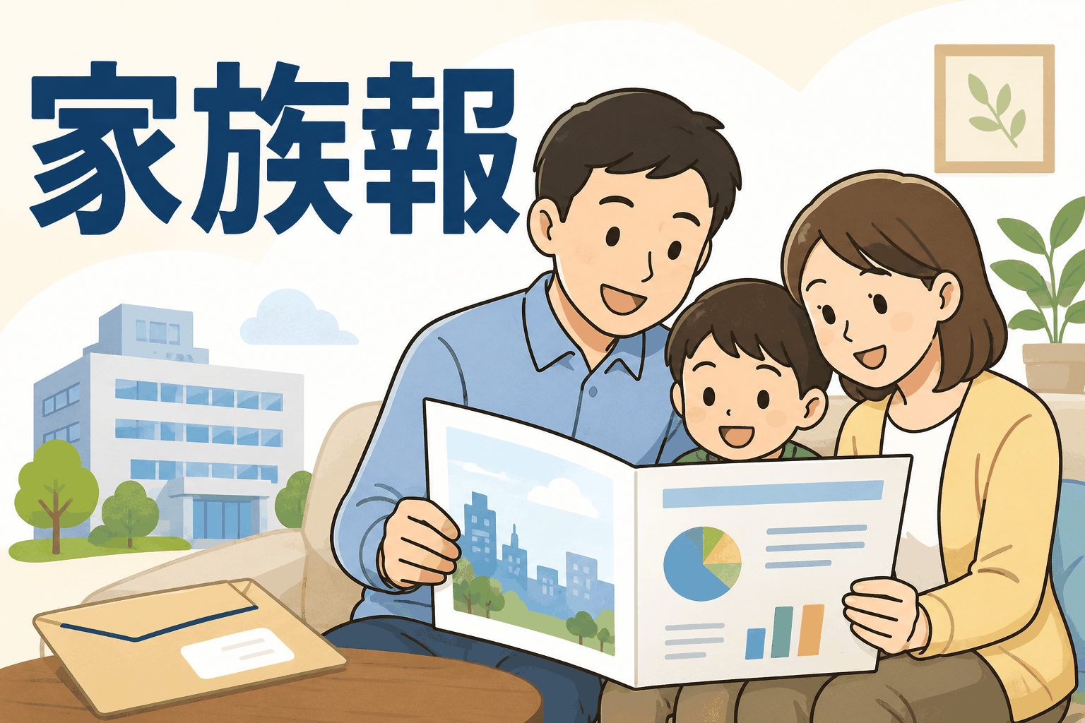会社の現状を伝える家族報を社員の家族が笑顔で読むイラスト