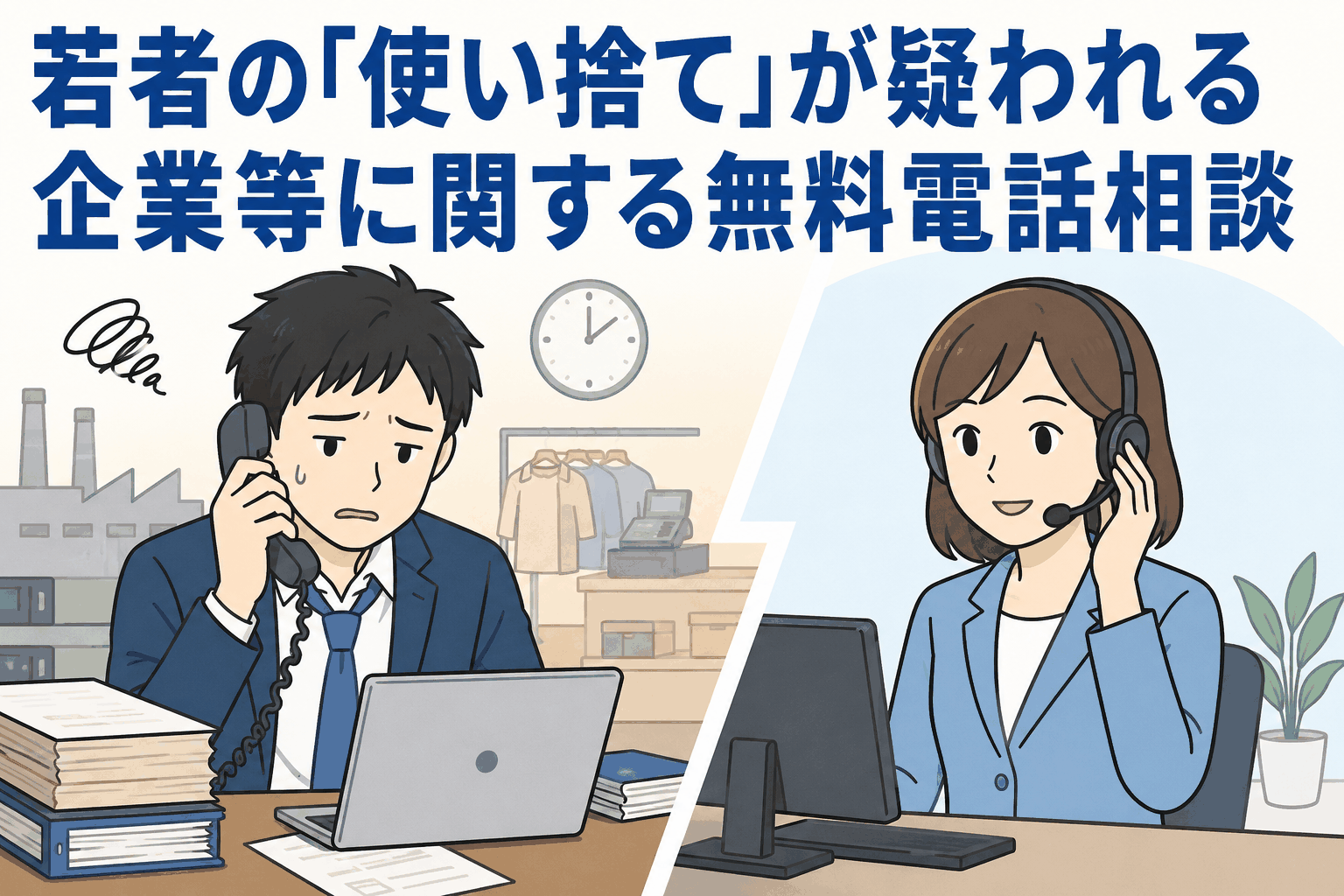 若者の使い捨てが疑われる企業に関する厚生労働省の無料電話相談結果を説明するイラスト