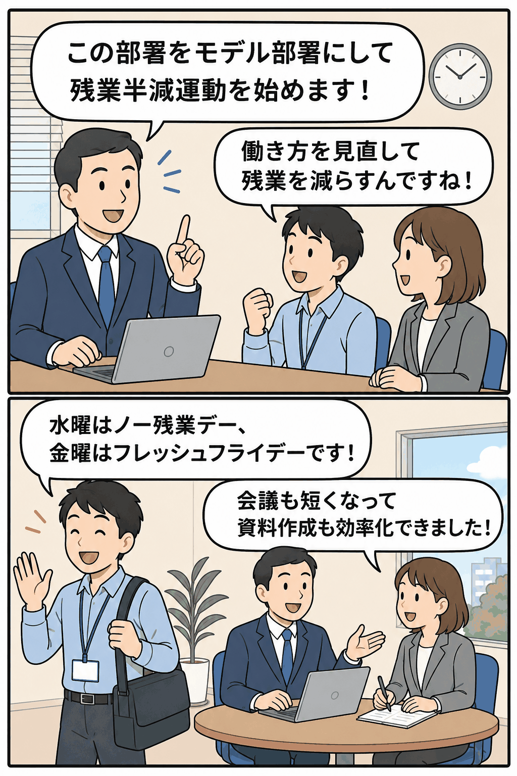 IT企業のモデル部署で残業半減運動を始め、ノー残業デーやフレッシュフライデー、会議効率化に取り組む社員の漫画イラスト