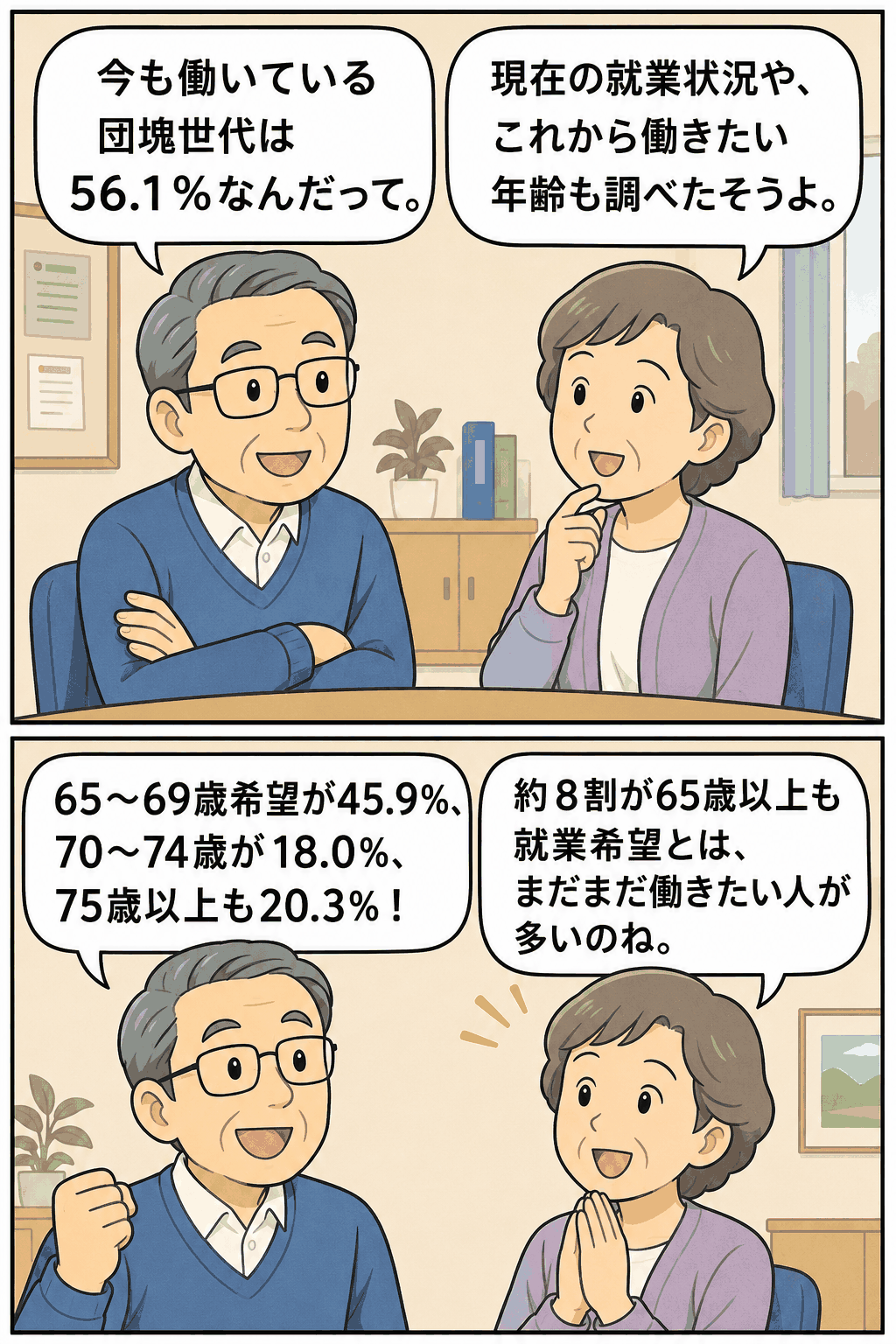 団塊の世代の就業状況と65歳以上の就業希望について、シニア男女の会話形式で解説する漫画イラスト