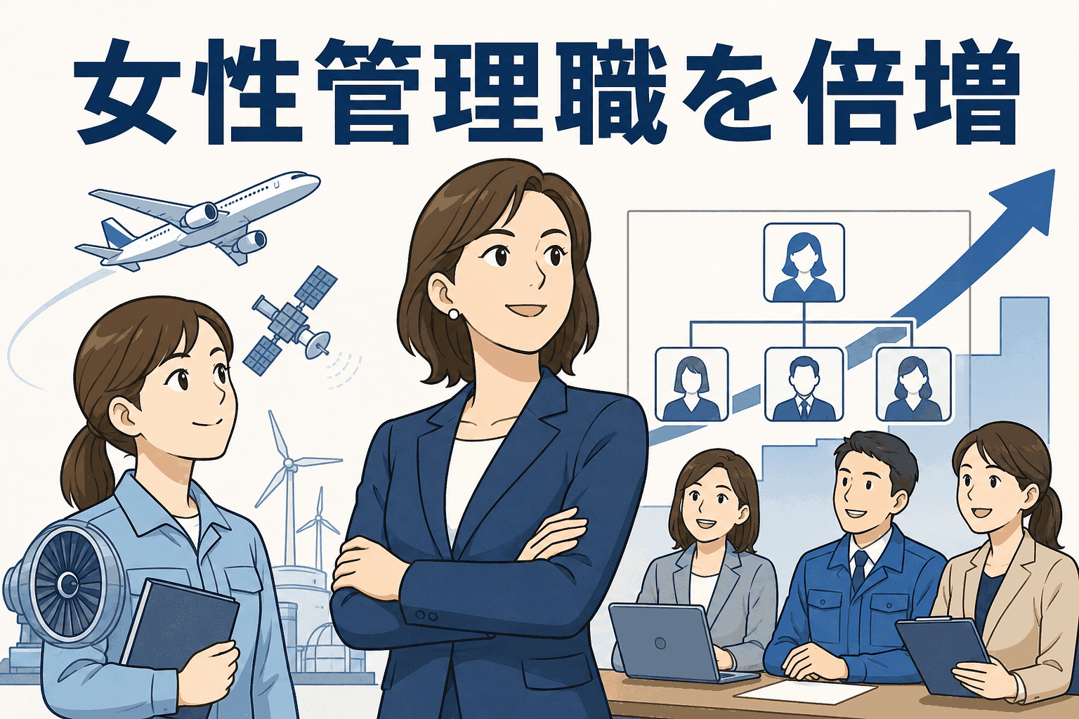 宇宙航空・エネルギー機器メーカーが女性管理職を倍増し、女性比率向上と研修・ネットワークリーダー制度を推進するイメージ