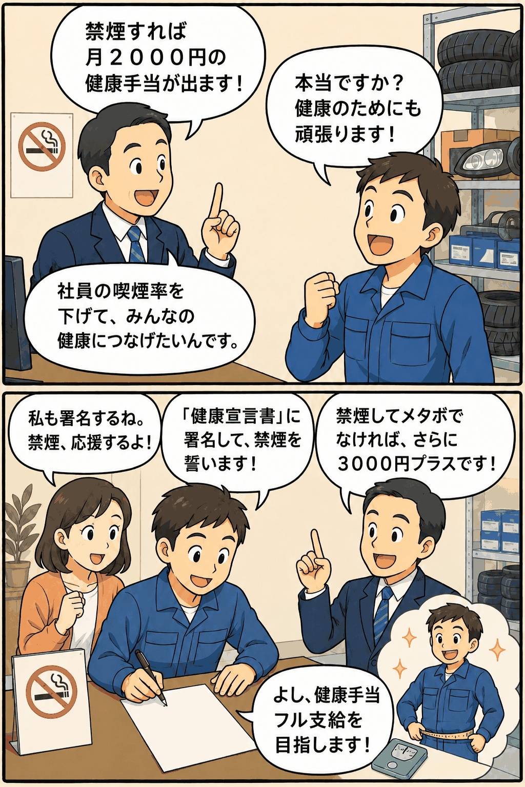禁煙とメタボ予防に取り組む社員へ健康手当を支給する自動車用品卸会社の制度
