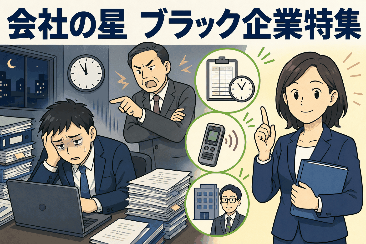ブラック企業特集をテーマに、長時間労働やパワハラに悩む会社員と、労働時間の記録・録音・専門家相談の重要性を示すイラスト