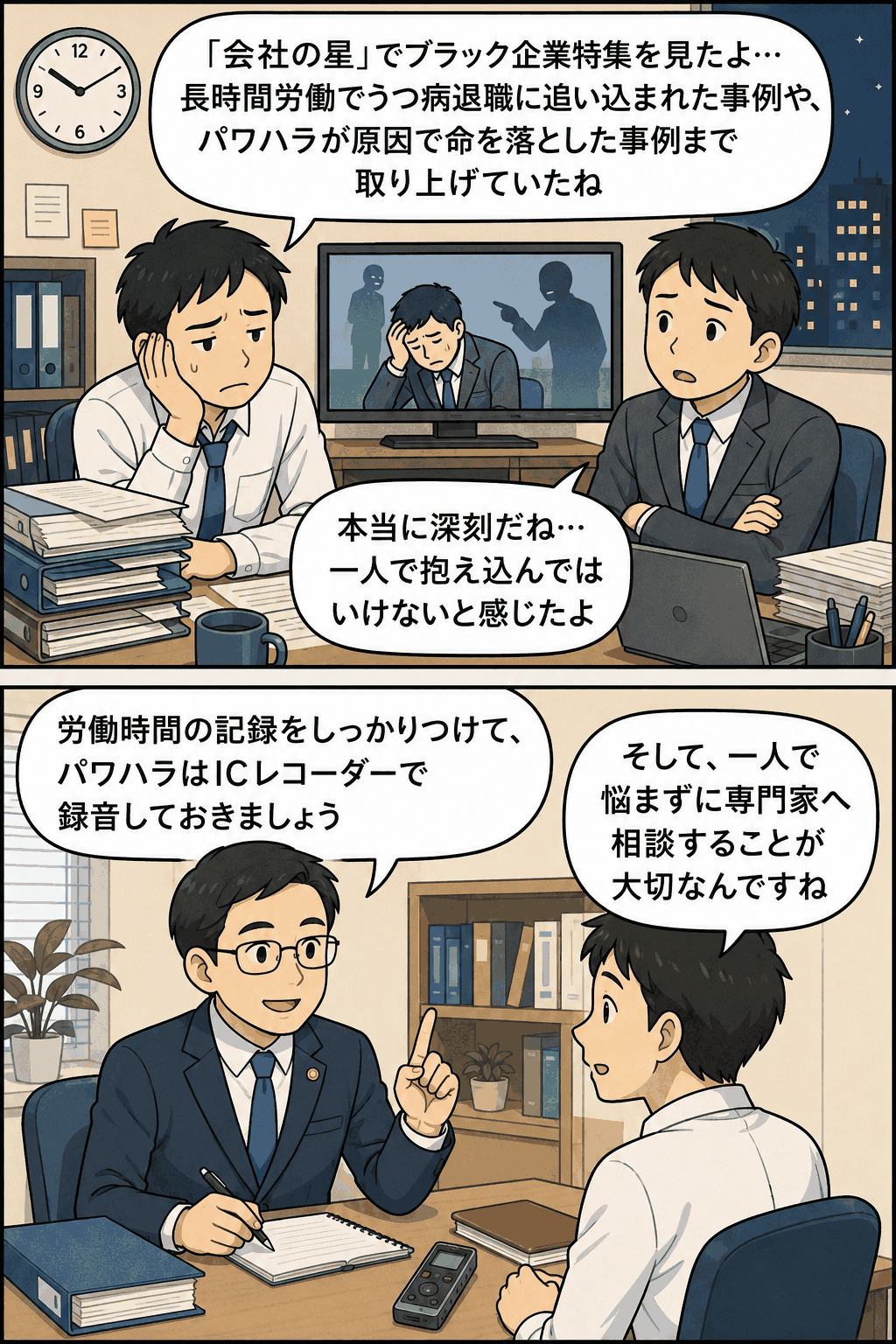 NHK Eテレ「会社の星」のブラック企業特集を見た会社員が、長時間労働やパワハラ被害の深刻さ、労働時間の記録・録音・専門家相談の大切さについて話し合う漫画イラスト
