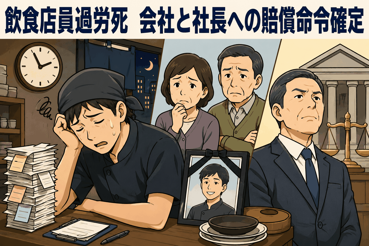 飲食チェーン店員の過労死をめぐり、遺族が会社と社長ら役員に損害賠償を求めた裁判のイメージ