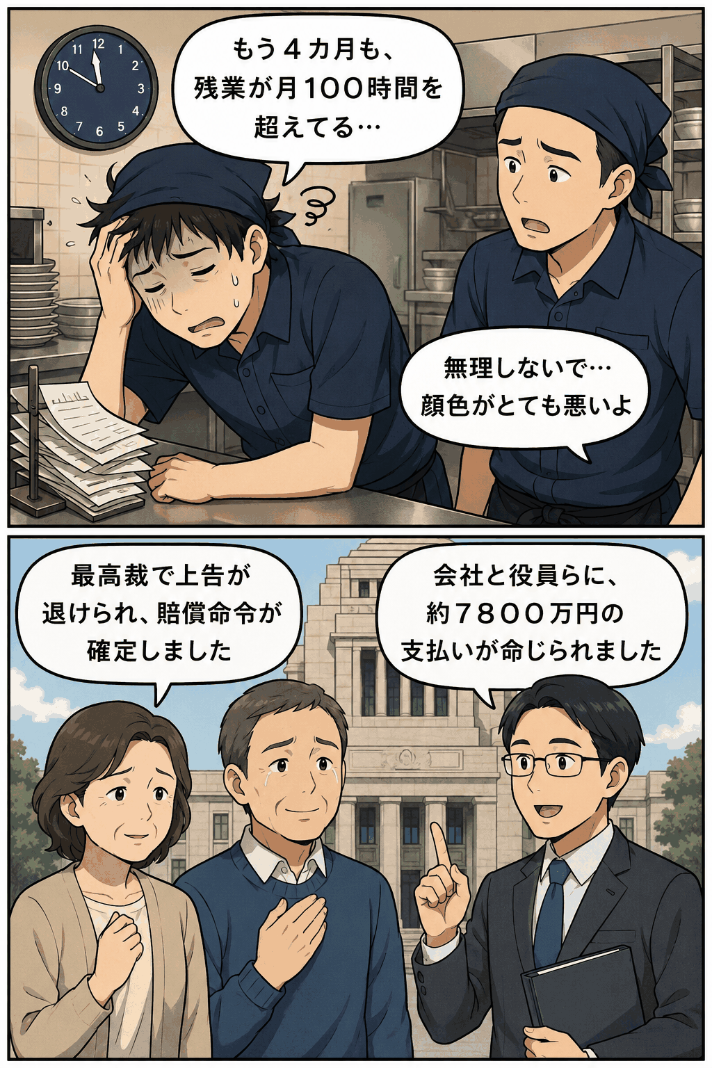 飲食チェーン店員が月100時間超の残業で体調を崩し、過労死裁判で会社と役員への約7800万円の賠償命令が確定したことを伝える漫画