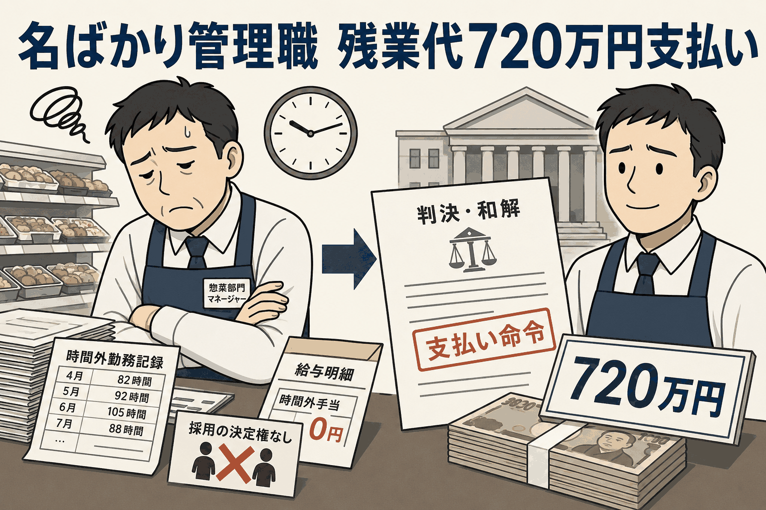 名ばかり管理職とされたスーパー元社員が未払い残業代720万円の支払い命令を受けるイメージ画像