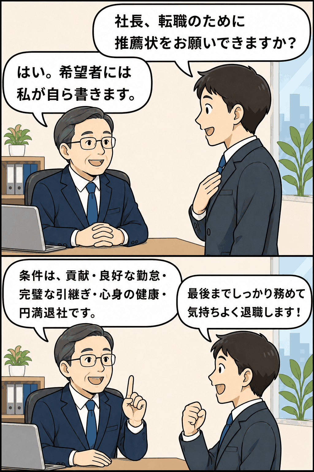 退職予定の社員が転職のため社長に推薦状を依頼し、社長が貢献・勤怠・引継ぎ・健康・円満退社を条件に応じる漫画