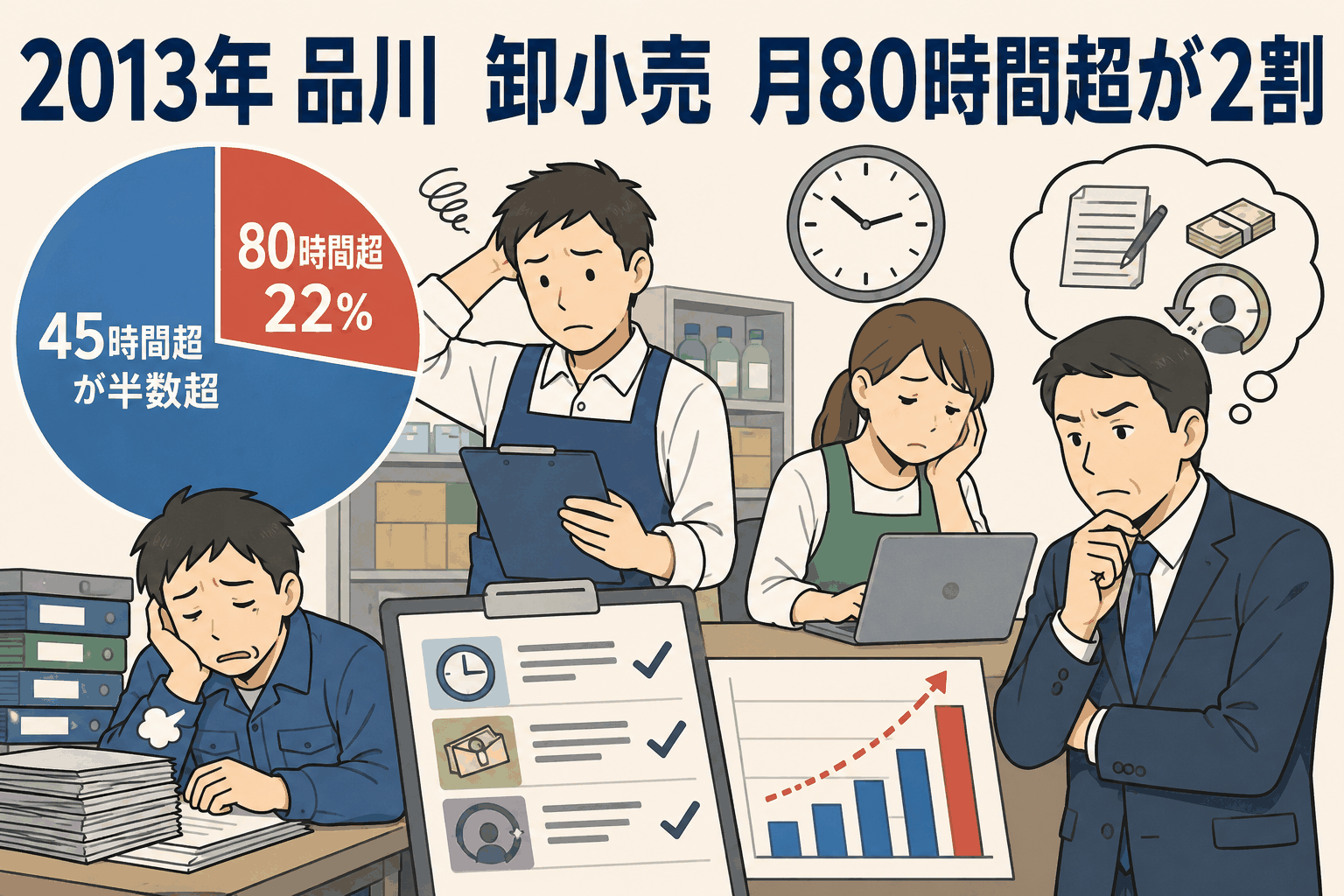 2013年に品川労働基準監督署が卸小売業を調査し、月45時間超の時間外労働が過半数、月80時間超が22％にのぼったことを示す解説画像