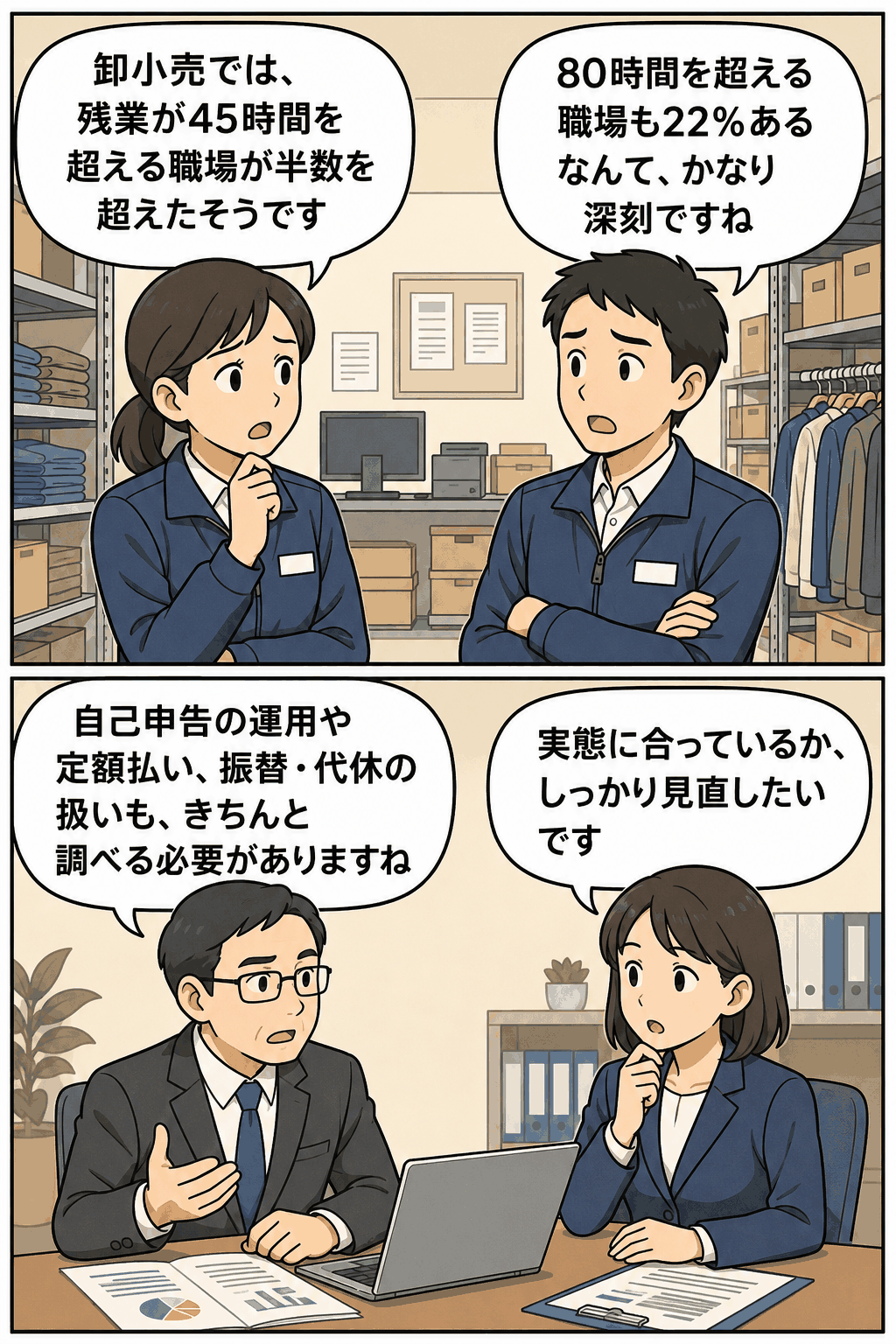 品川労働基準監督署の卸小売業調査について、月45時間超の残業が過半数、月80時間超が22％であることや自己申告・定額払い・振替代休の見直しを会話形式で解説する漫画