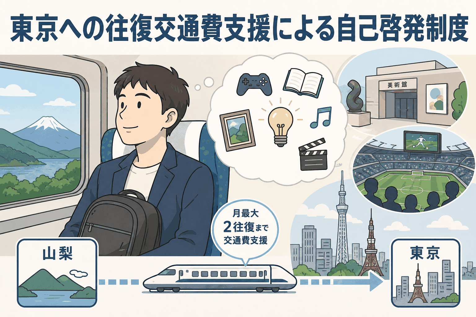 山梨勤務のスタッフが東京での自己啓発に出向くため、月2回まで往復交通費を会社が支援する制度を紹介するイラスト