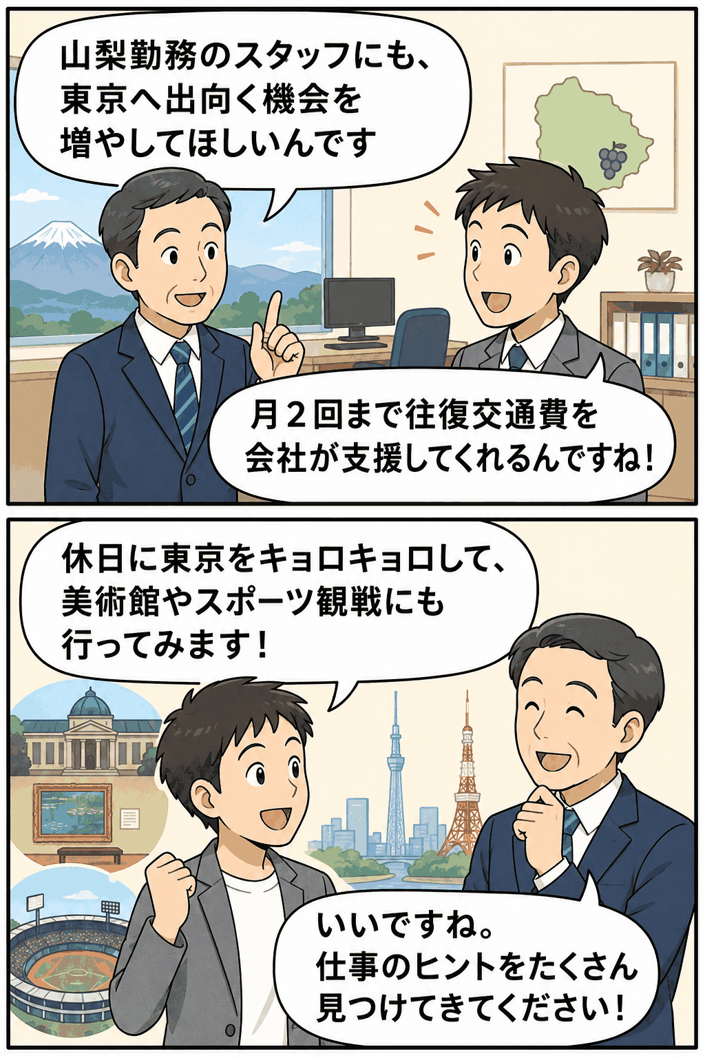 山梨勤務のスタッフが東京へ出向く機会を増やすため、月2回まで往復交通費を会社が支援する自己啓発制度を説明する漫画