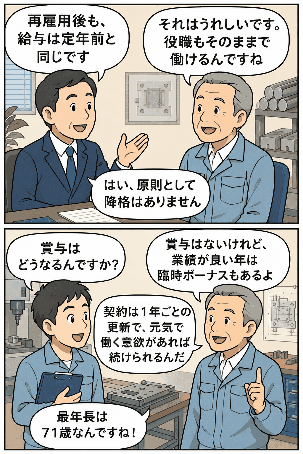 定年後再雇用で給与は定年前と同じ、原則降格なし、1年ごと更新で71歳まで働く社員を描いた漫画