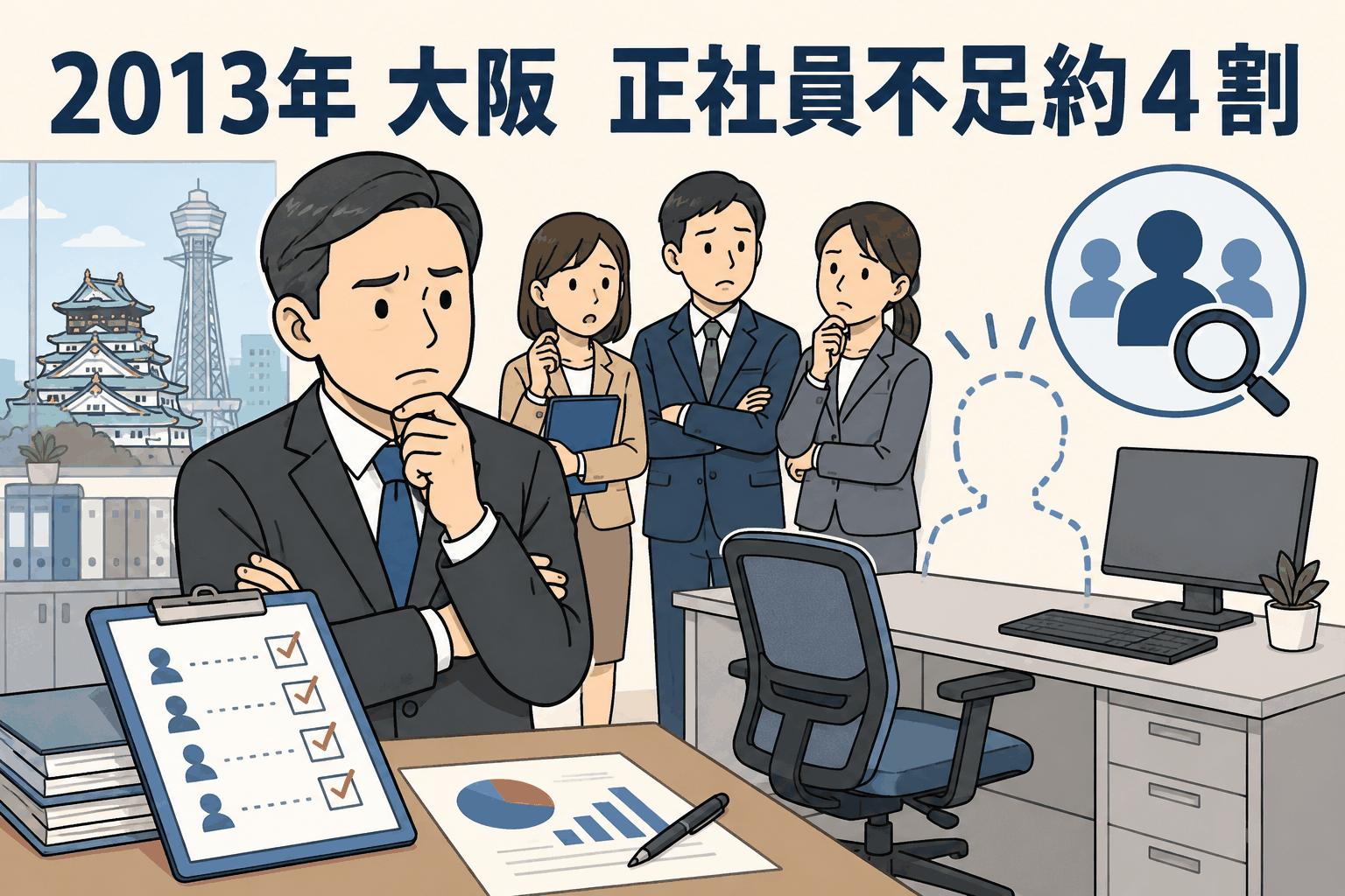 2013年の大阪における正社員不足が約4割に上昇し、中途採用予定の企業が多いことを示すビジネスイラスト