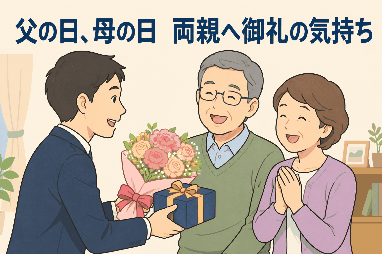 父の日と母の日に社員が両親へ花束とプレゼントを贈り、感謝の気持ちを伝える福利厚生制度のイラスト