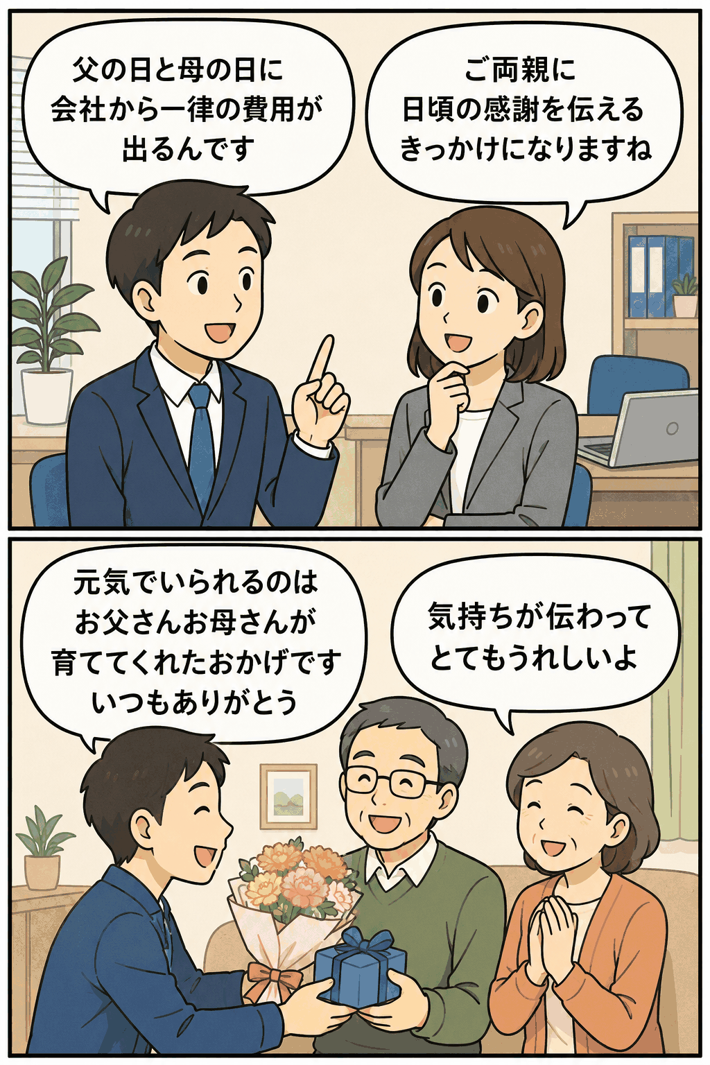 父の日と母の日に会社から支給された費用で、社員が両親へ花束とプレゼントを贈り感謝を伝える福利厚生制度の漫画