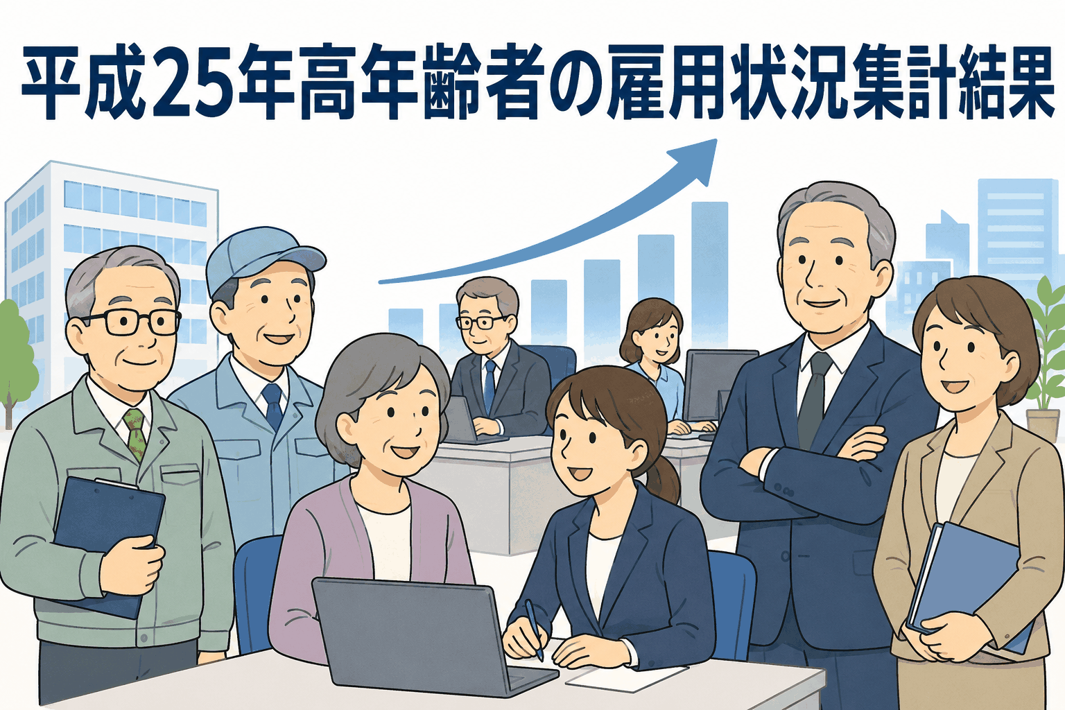 平成25年高年齢者の雇用状況集計結果を示す、シニア世代と企業の働く人々のイラスト