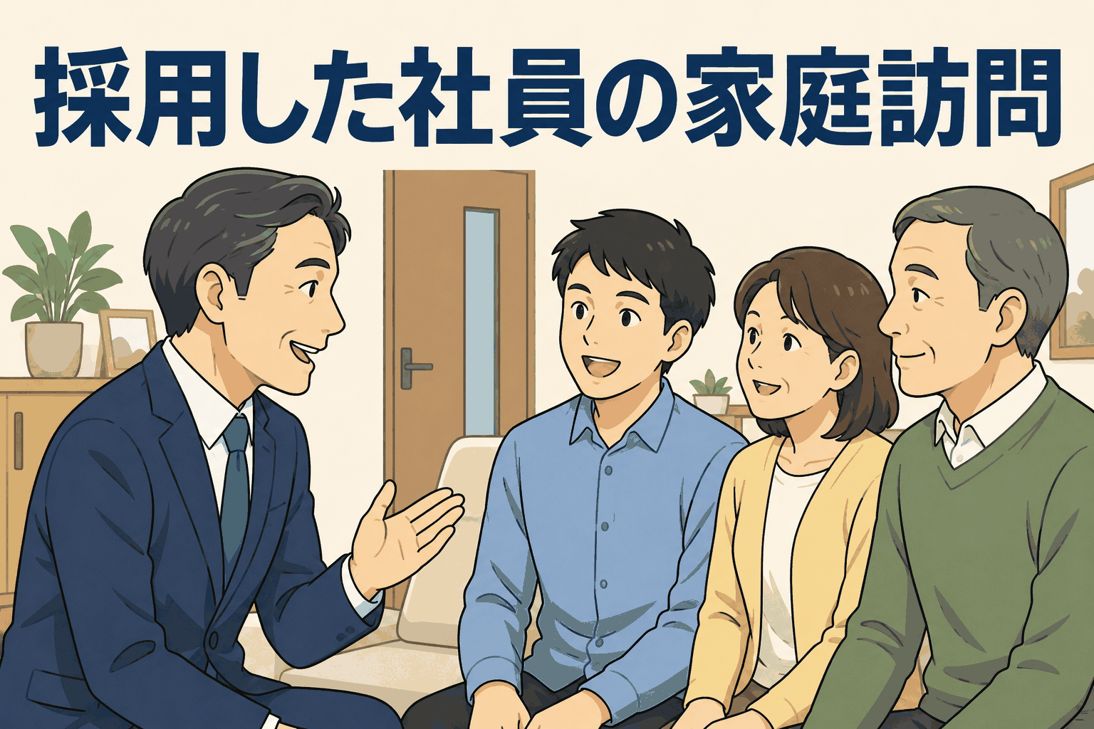 採用した社員の家庭訪問で、社長が家族に会社の事業内容や今後のビジョンを説明している様子