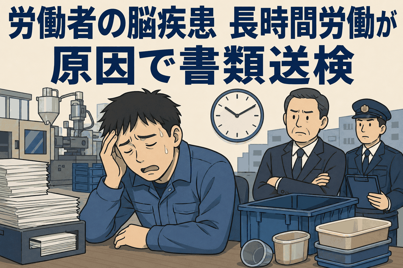 長時間労働により脳疾患を発症した労働者と、36協定未締結のまま時間外労働をさせたプラスチック製品製造会社が書類送検された事例を表すイラスト