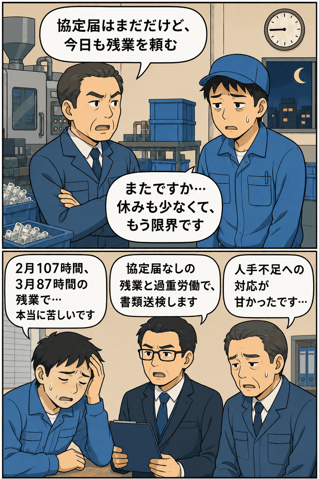 36協定未締結のまま残業を命じられ、月107時間・87時間の時間外労働により限界を訴える労働者と、書類送検を受ける製造会社を描いた漫画