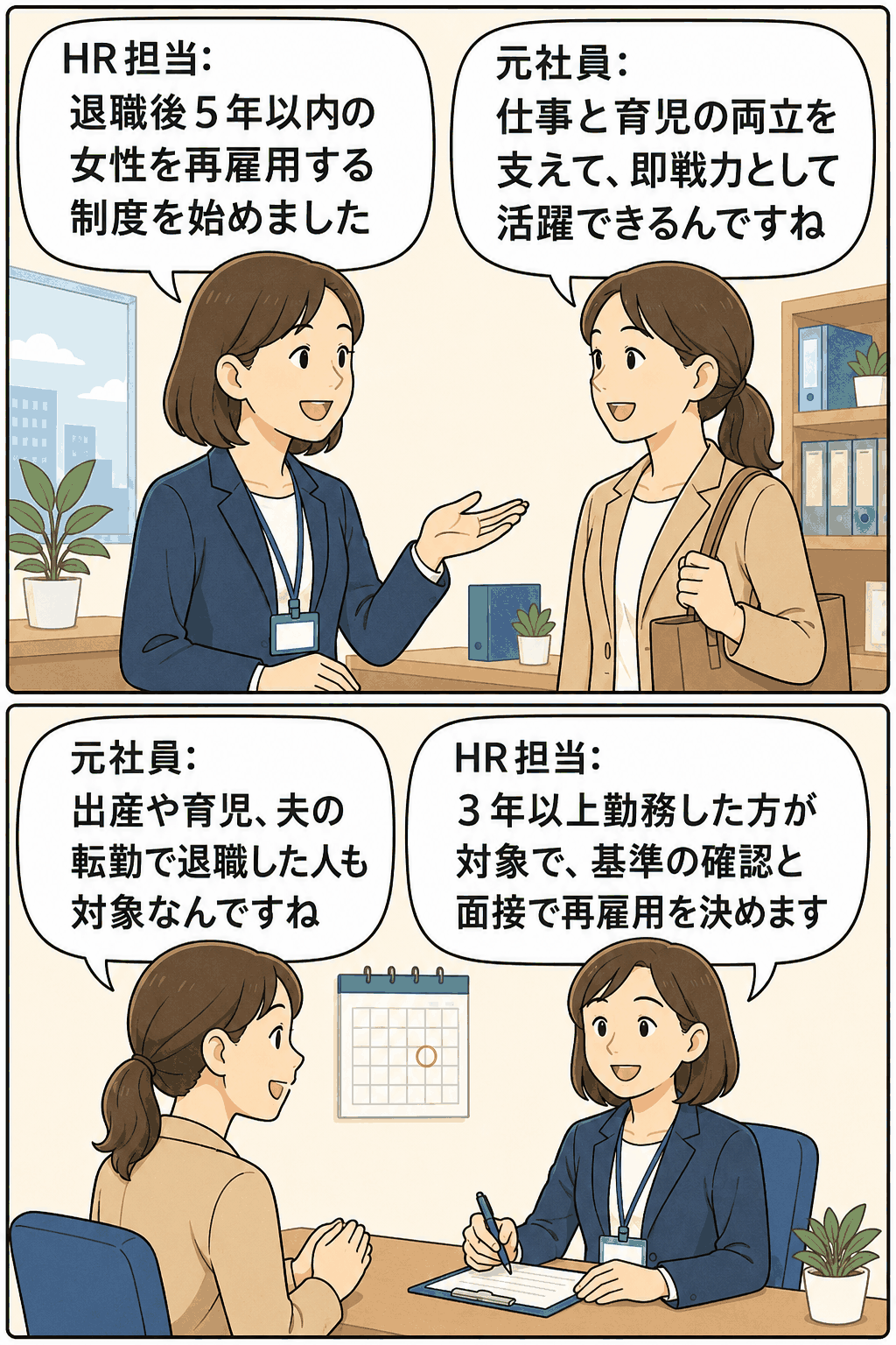 退職後5年以内の女性再雇用制度について、HR担当者と元社員が対象条件や面接による再雇用決定を会話形式で説明する漫画イラスト。