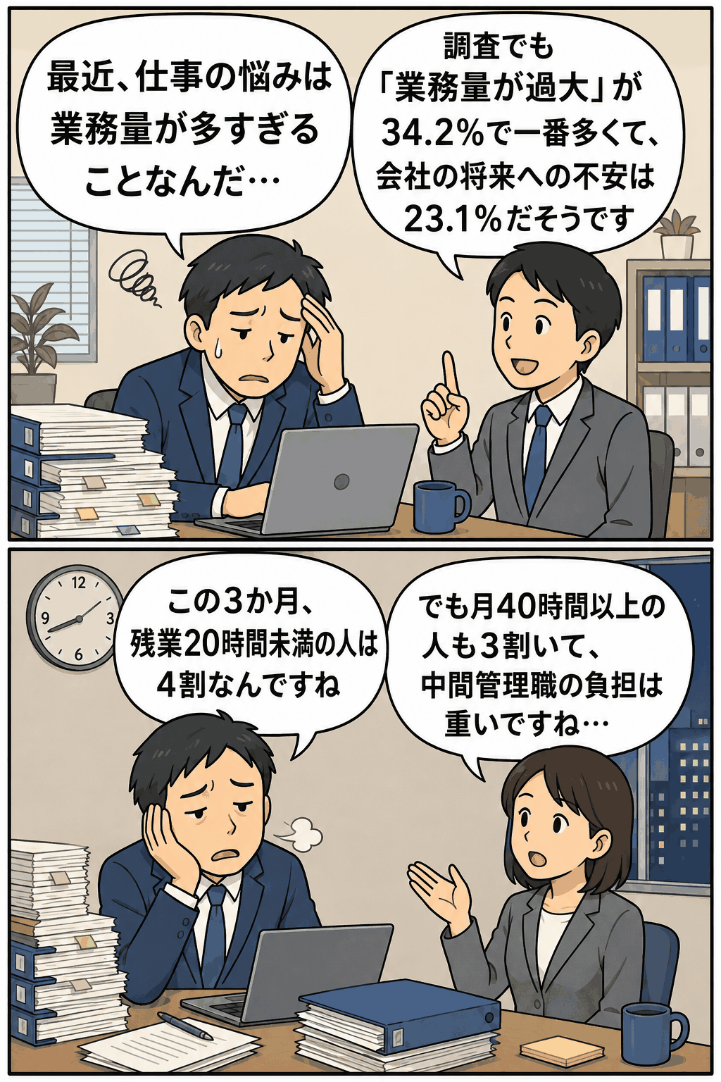 中間管理職の男性が職場で業務量の多さや残業時間について相談している漫画。調査結果として「業務量が過大」34.2％、会社の将来への不安23.1％、月40時間以上の残業が3割いることを伝えている。