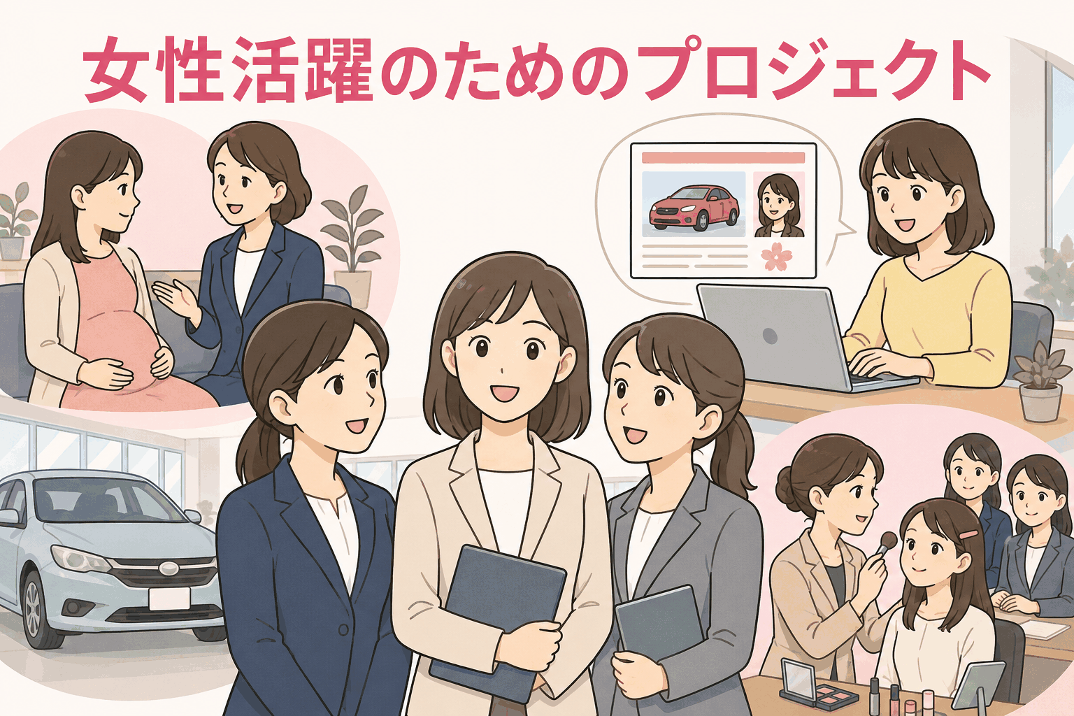 中古車買取販売会社の女性活躍推進「さくらプロジェクト」を紹介するイラスト。妊娠・復職支援、女性社員ブログ、新卒女性会議やメイク講座を表現。