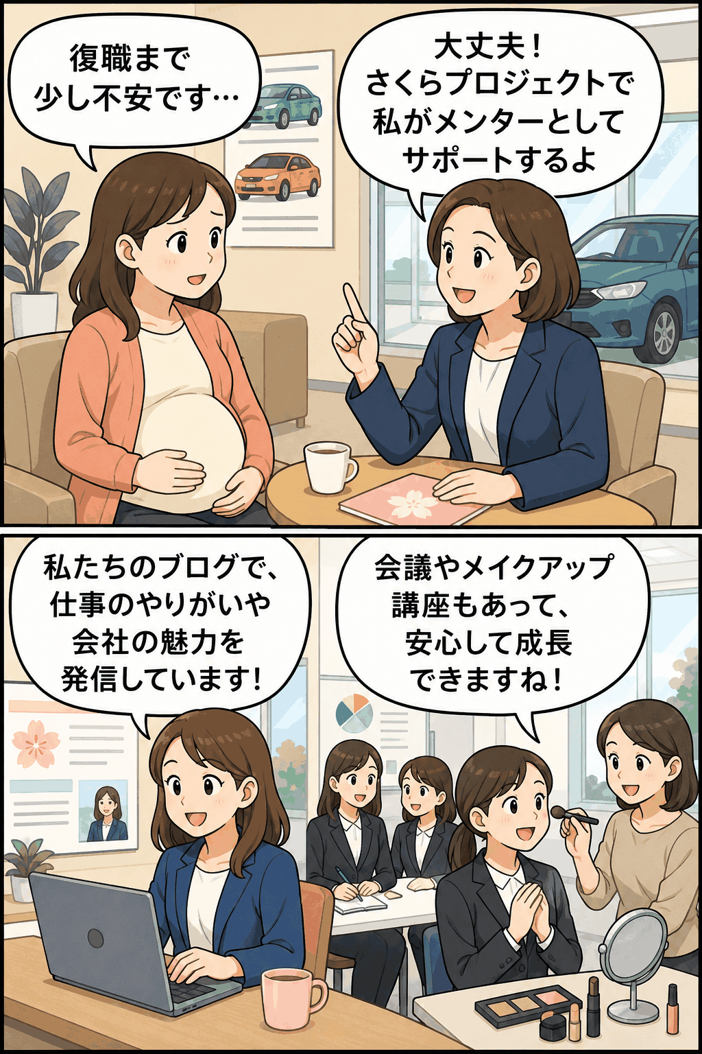 中古車買取販売会社の女性活躍推進「さくらプロジェクト」を漫画で紹介。妊娠・復職支援、女性社員ブログ、新卒女性会議やメイクアップ講座を描いたアイキャッチ画像。