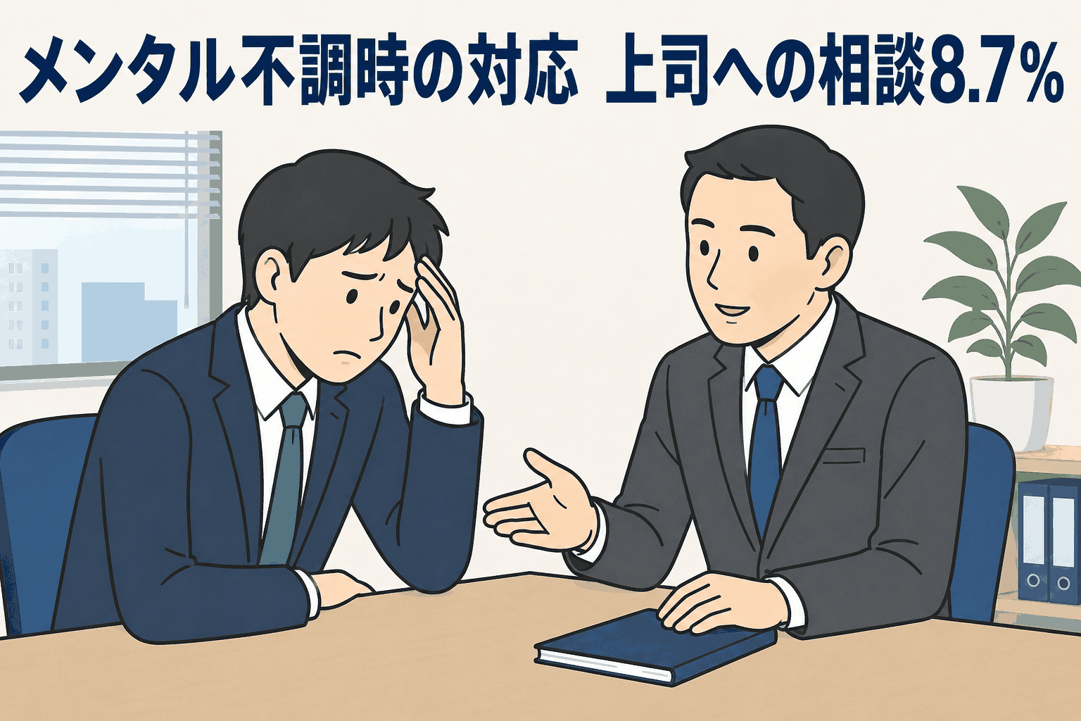 メンタル不調時の対応として上司へ相談する人が8.7％であることを示す、職場で悩む部下と相談に乗る上司のイラスト