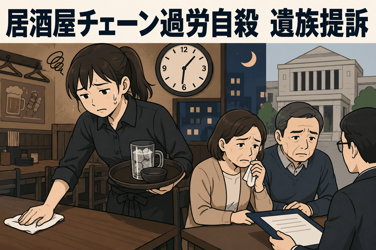 居酒屋チェーンで長時間労働に苦しむ女性従業員と、過労自殺をめぐり遺族が会社を提訴する様子を描いたイラスト