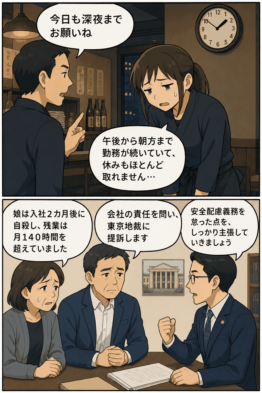 居酒屋チェーンで深夜まで働かされる女性社員と、過労自殺をめぐり遺族が弁護士に相談する場面を描いた漫画