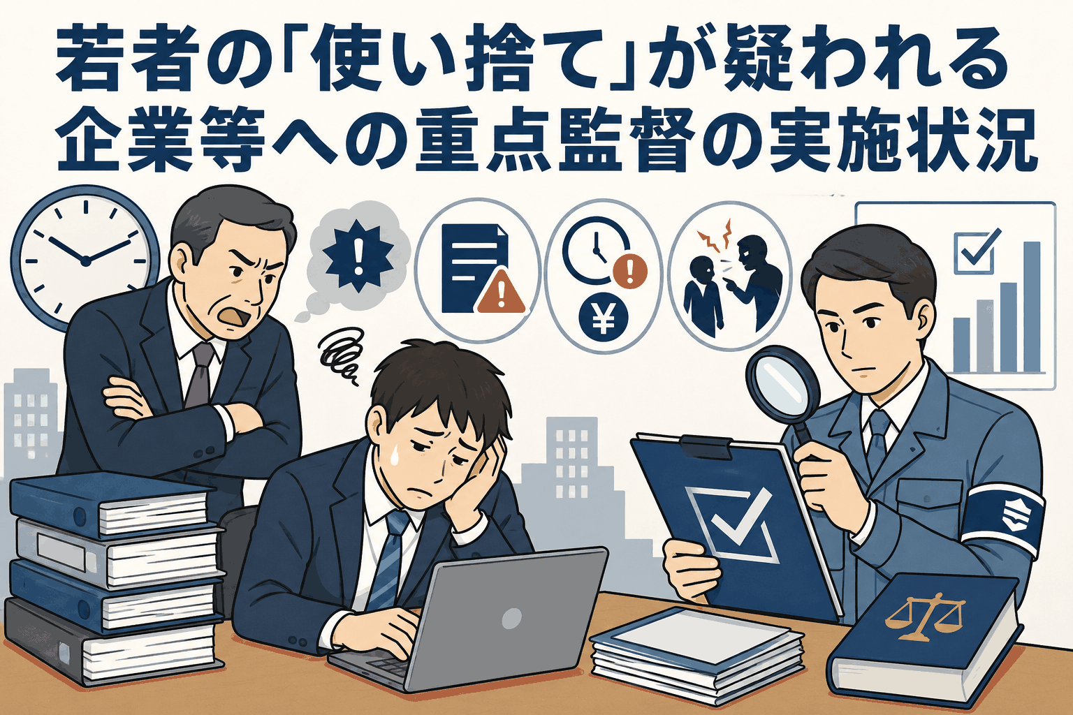 若者の使い捨てが疑われる企業への重点監督で、過重労働や違法な時間外労働、賃金不払残業を調査するイメージ