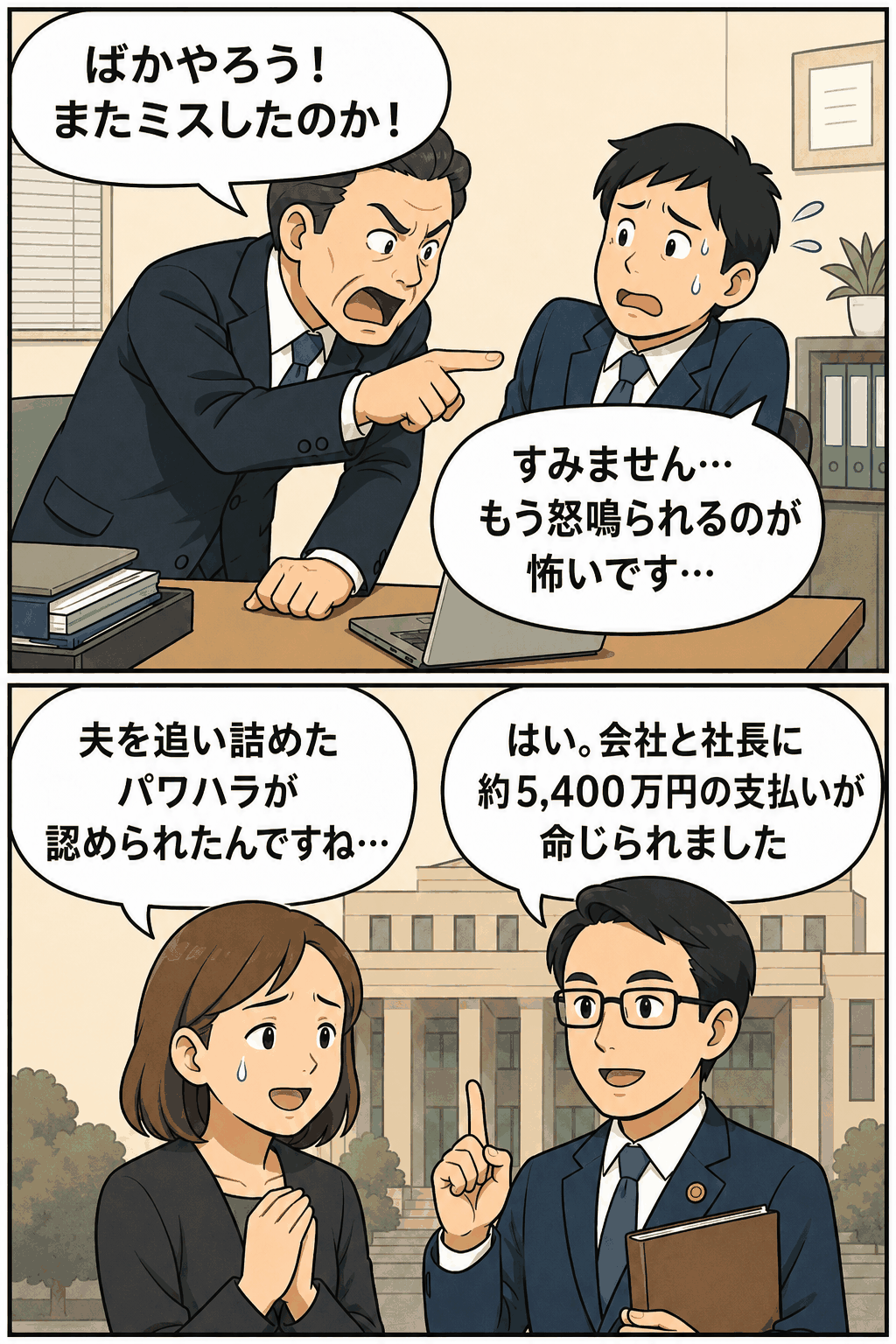 社長の暴言や暴行によるパワハラで男性社員が追い詰められ、自殺との因果関係が認められた損害賠償裁判を解説する漫画