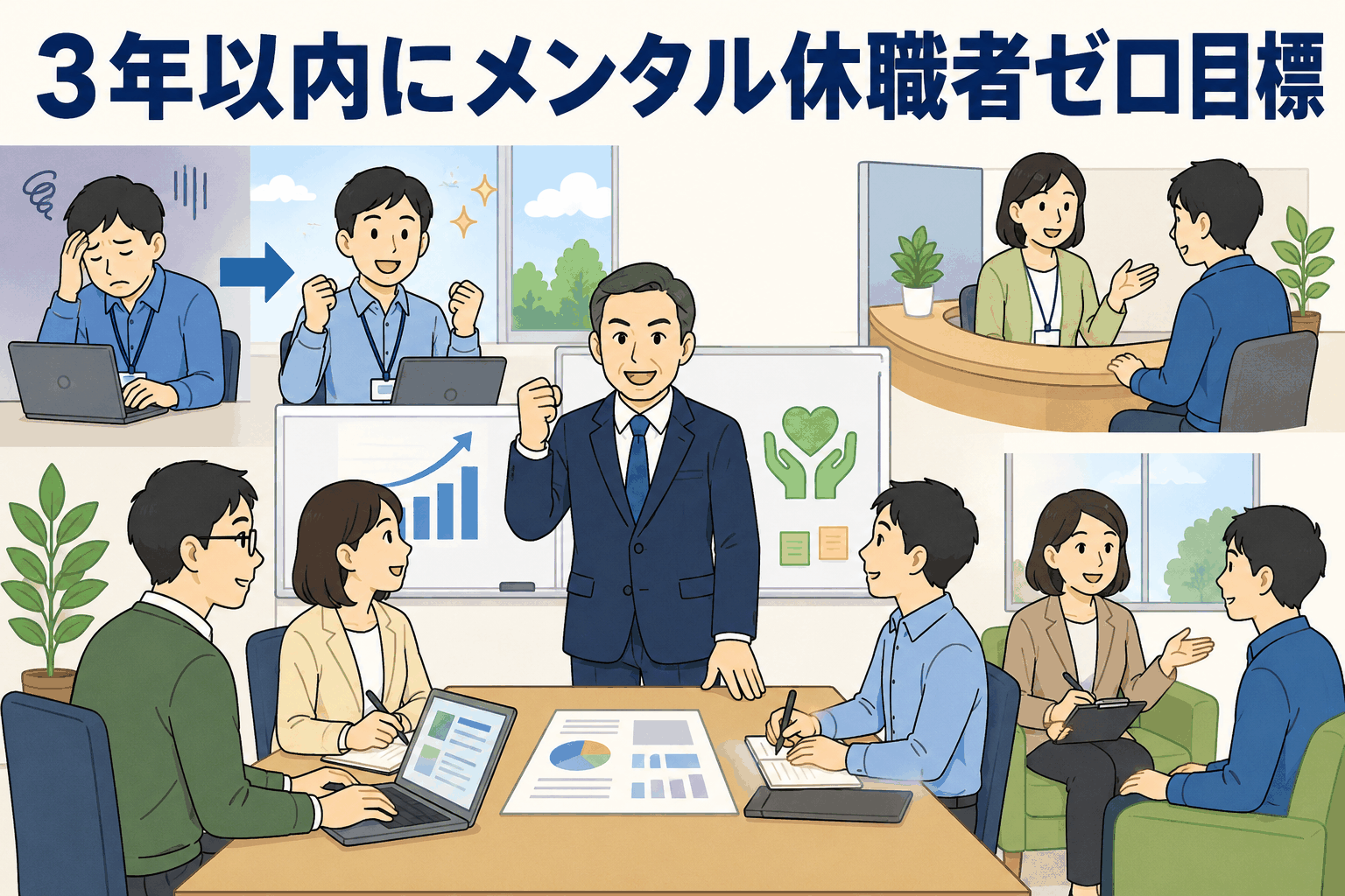 メンタル休職者ゼロを目指し、社長主導の業務改善委員会や社内相談窓口で職場のメンタルヘルス対策に取り組む企業のイメージ