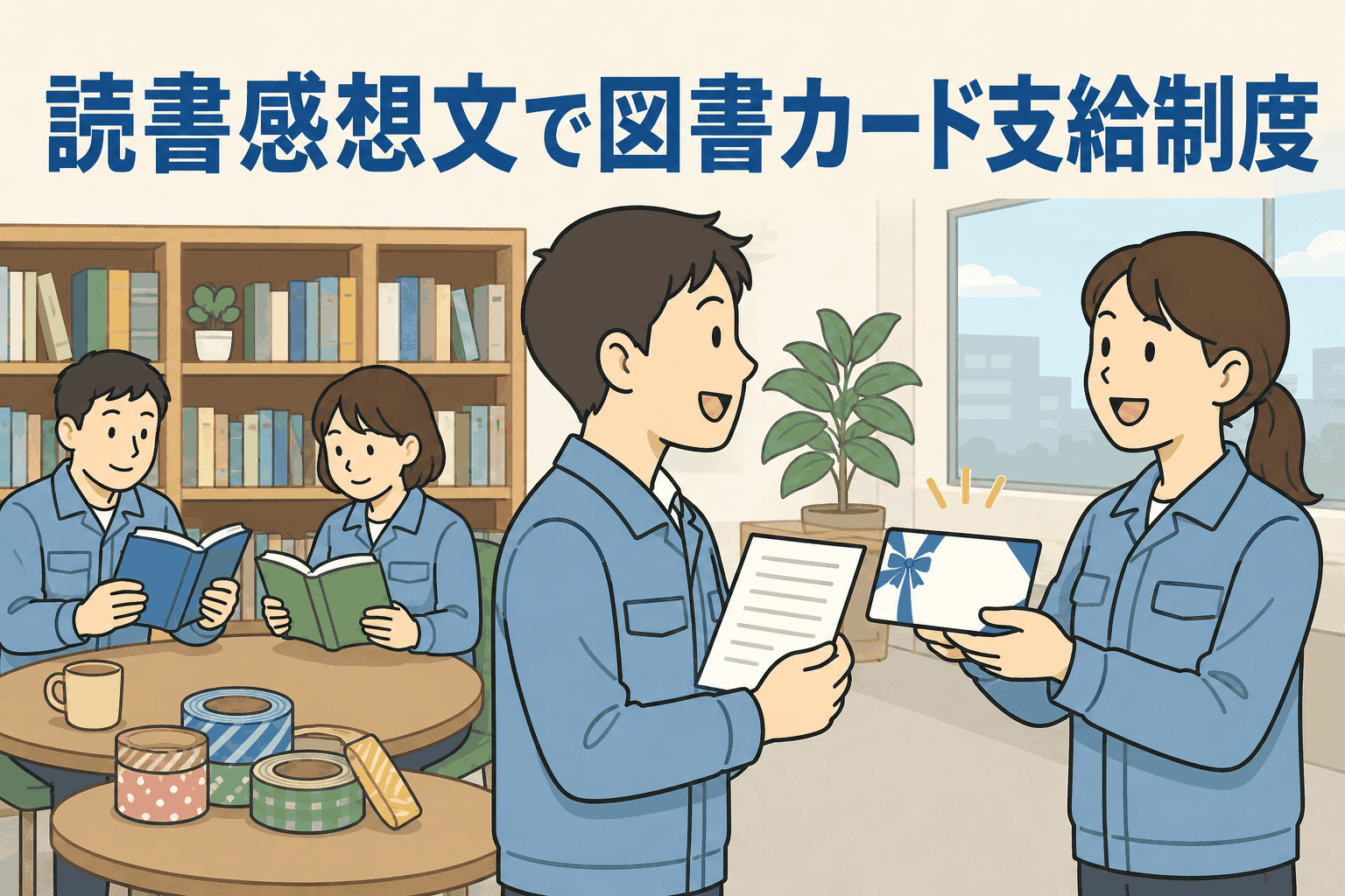 読書感想文を提出した社員に図書カード支給制度を案内する、装飾包装用テープ製造販売会社の読書推進イメージ