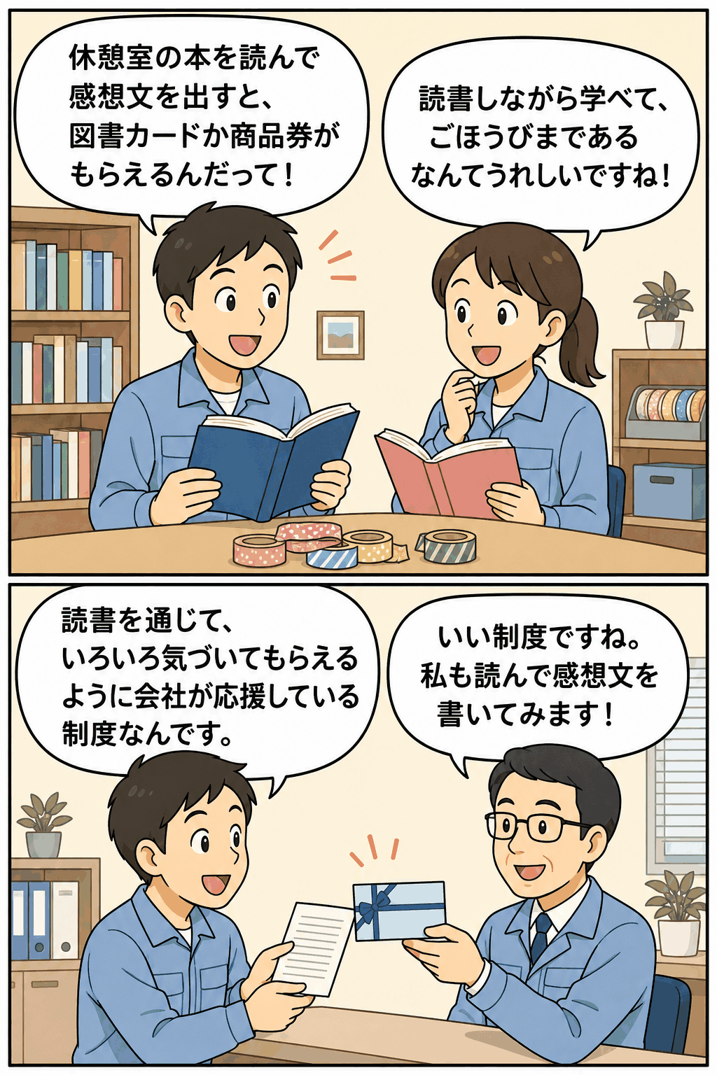 休憩室の本を読んで感想文を提出すると図書カードや商品券がもらえる、社員向け読書推進制度の漫画イラスト