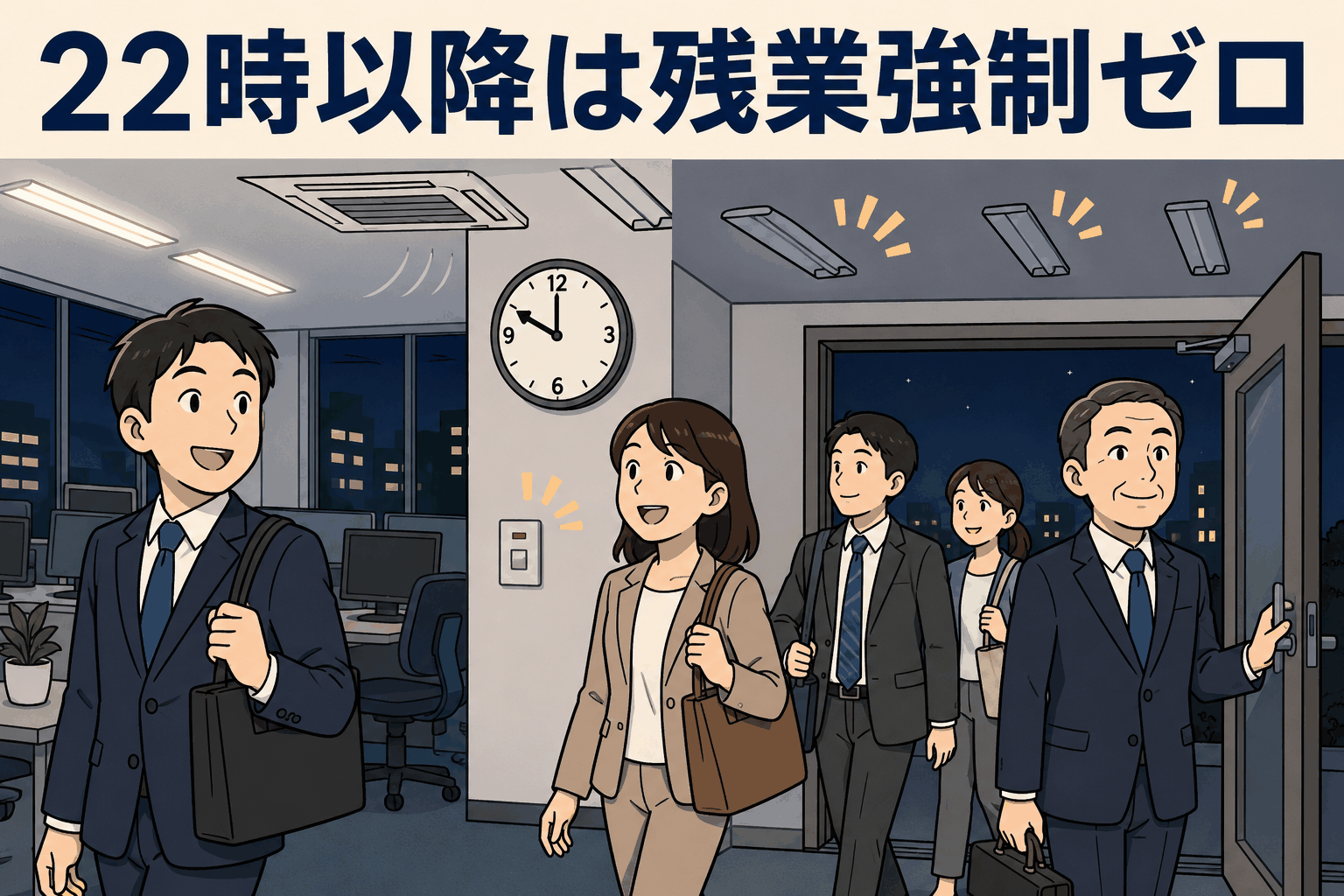 22時以降の残業を禁止し、消灯したオフィスから社員と役員が定時退社する働き方改革のイラスト