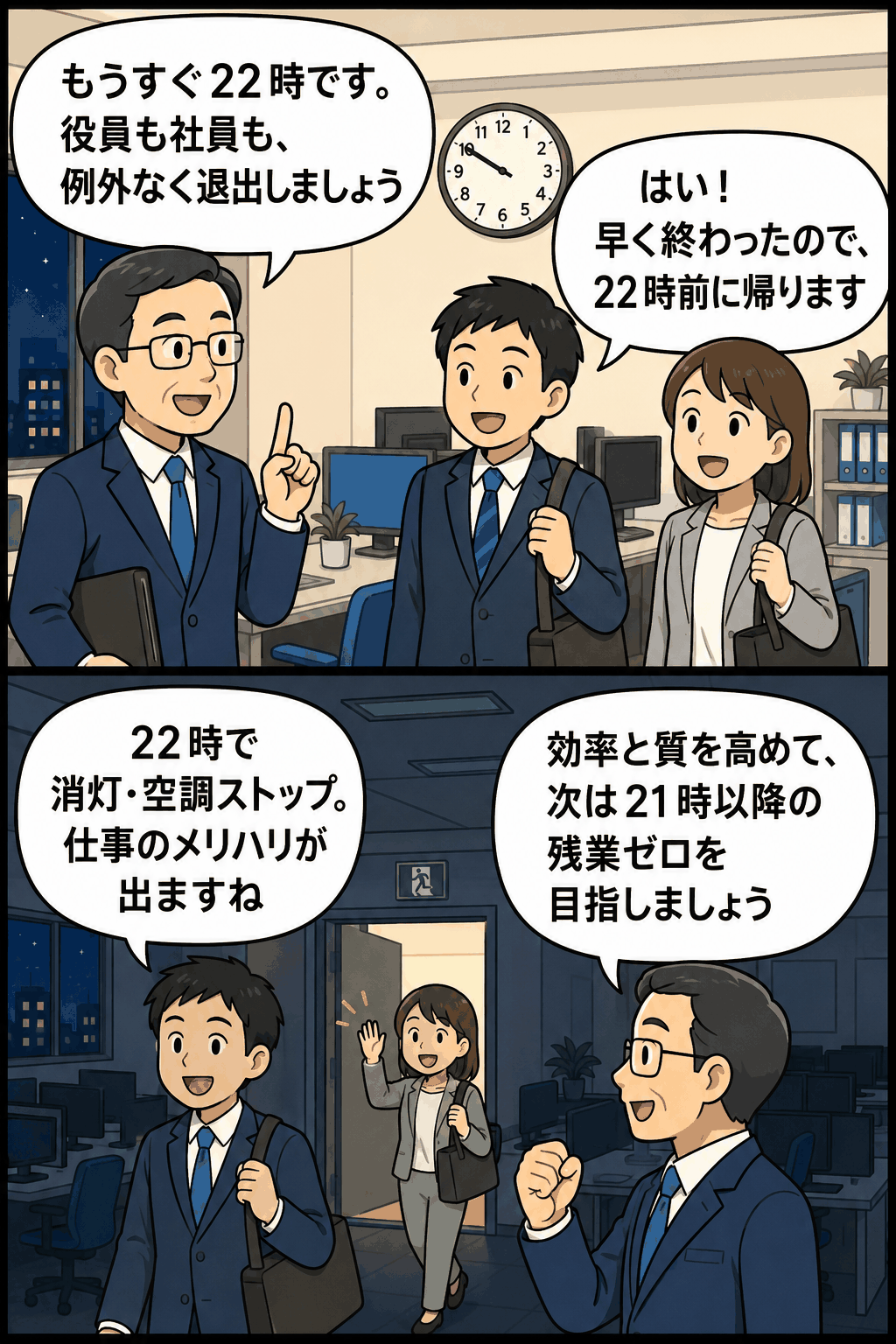 22時以降の残業を禁止し、役員と社員が例外なくオフィスを退出する働き方改革の漫画イラスト