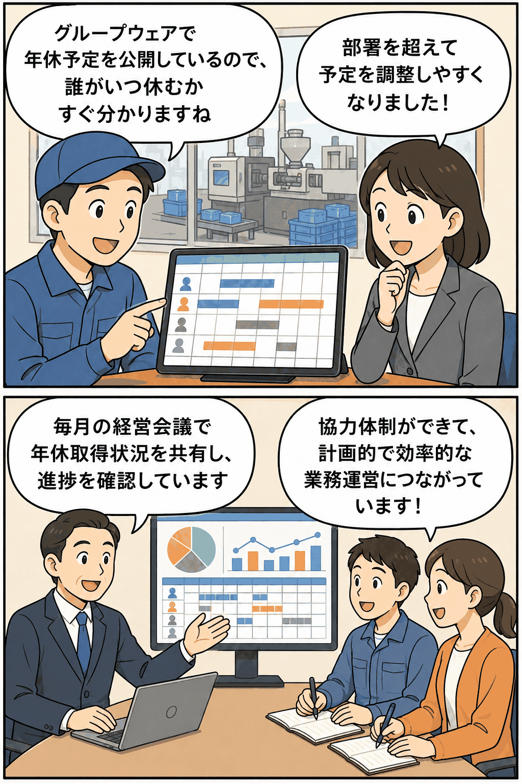 プラスチック製品製造業の職場で、グループウェアに年休予定を公開し、部署を超えて年次有給休暇の取得状況を共有・調整している漫画イラスト