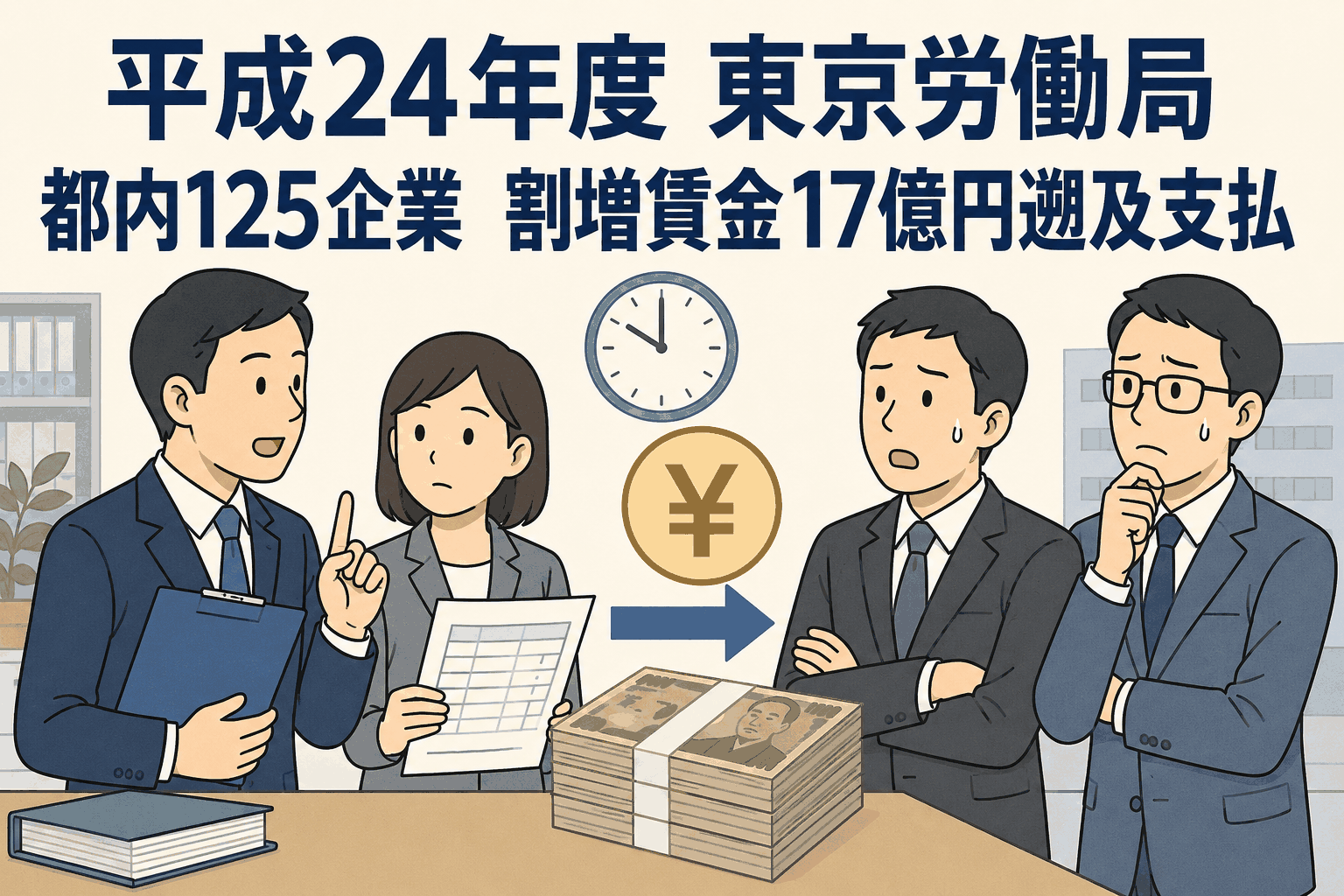 平成24年度に東京労働局が割増賃金未払い企業125社へ是正指導し、遡及支払額が17億円を超えたことを示すイラスト