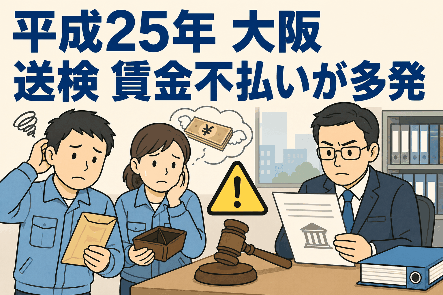 平成25年の大阪労働局による送検状況を示すイラスト。賃金不払いやサービス残業など労働基準法違反の増加に悩む労働者と資料を確認する担当者。