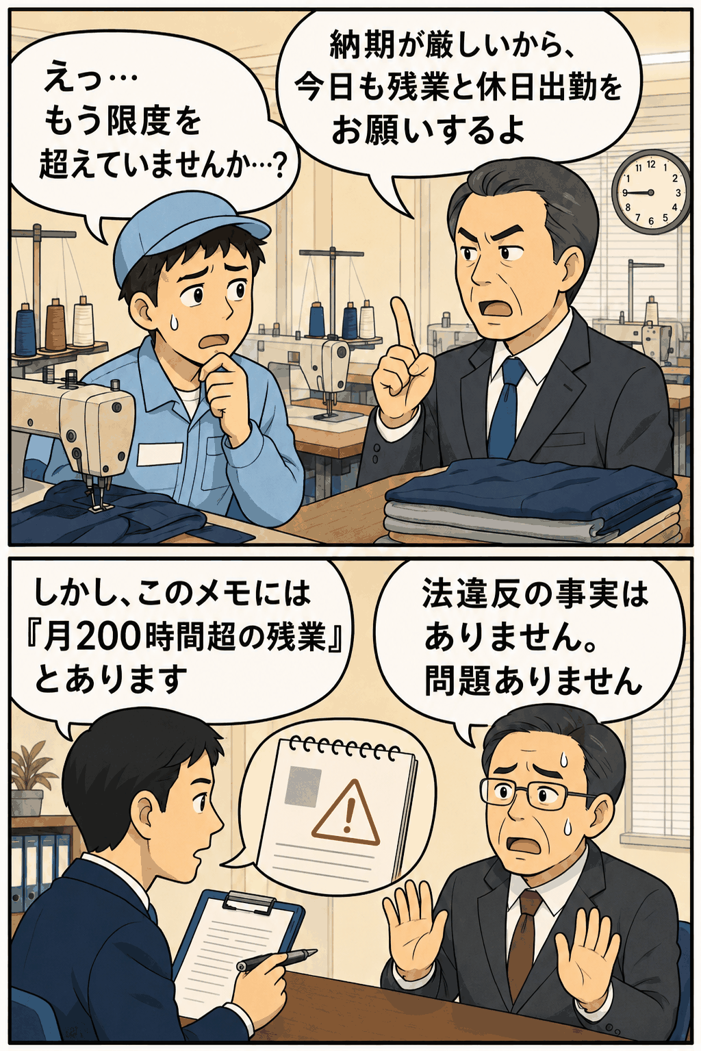 縫製工場で外国人技能実習生に限度超えの残業と休日出勤を求め、月200時間超の残業メモを監督官が確認する場面