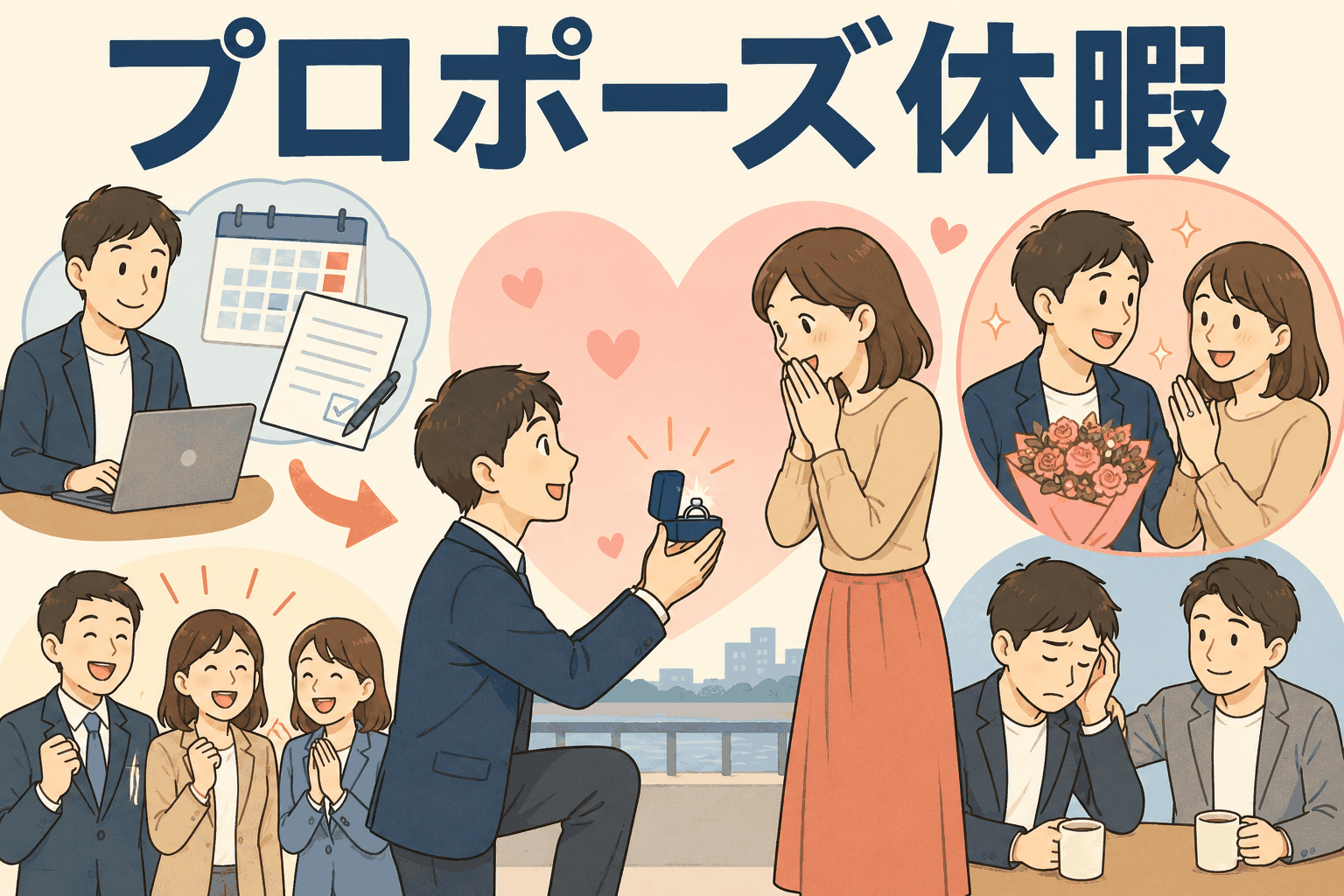 プロポーズ休暇制度を紹介するイラスト。社員が休暇を取得して恋人に指輪を差し出し、成功時は職場で祝福し、失敗時は同僚が励ます様子。