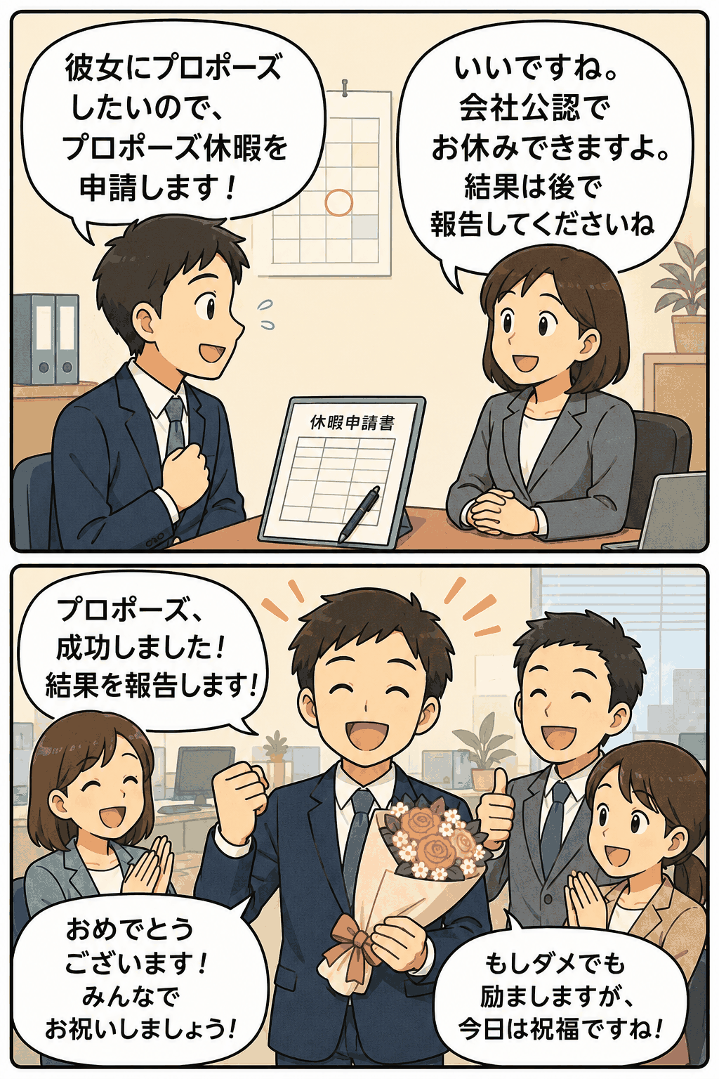 プロポーズ休暇制度の流れを描いた漫画イラスト。社員が会社にプロポーズ休暇を申請し、成功後に結果を報告して同僚から祝福される様子。