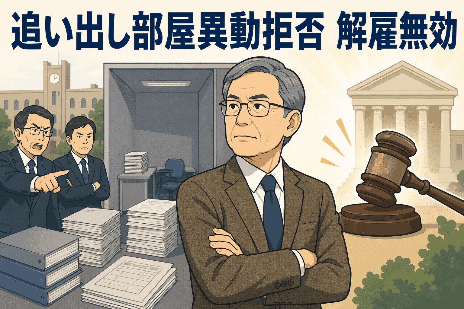 追い出し部屋への異動拒否を理由に解雇された元教授が、学校法人を相手に名古屋地裁で解雇無効を訴えた労働裁判のイメージ
