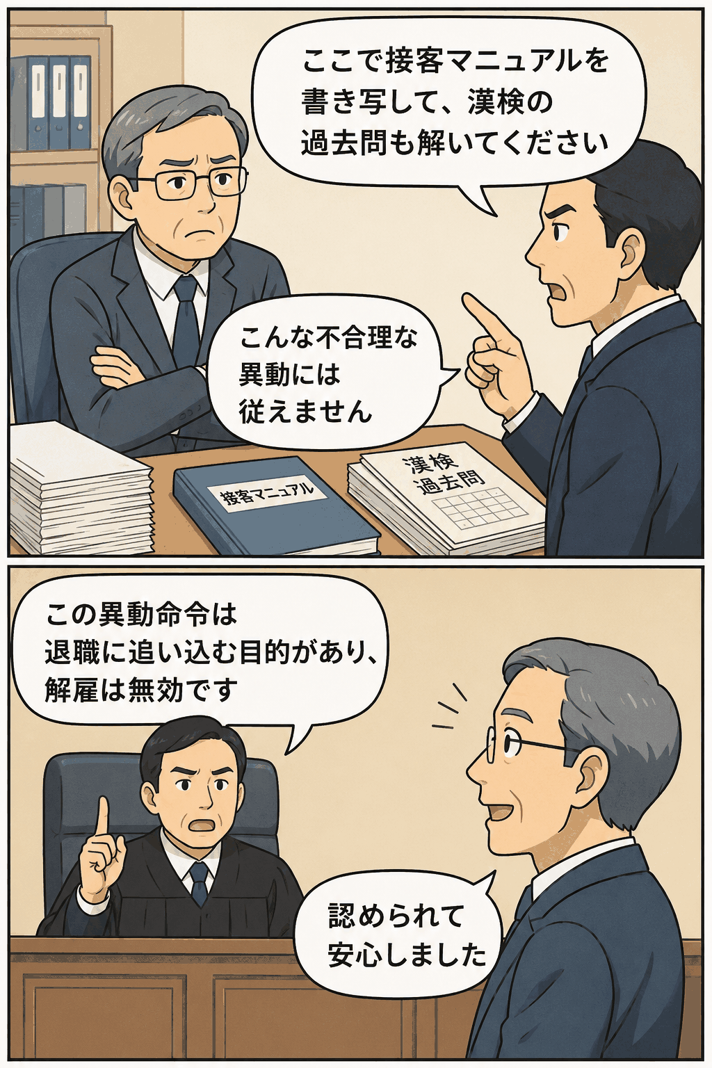 追い出し部屋で接客マニュアルの書き写しや漢検過去問を命じられた元教授が異動拒否し、名古屋地裁で解雇無効が認められた労働裁判の漫画