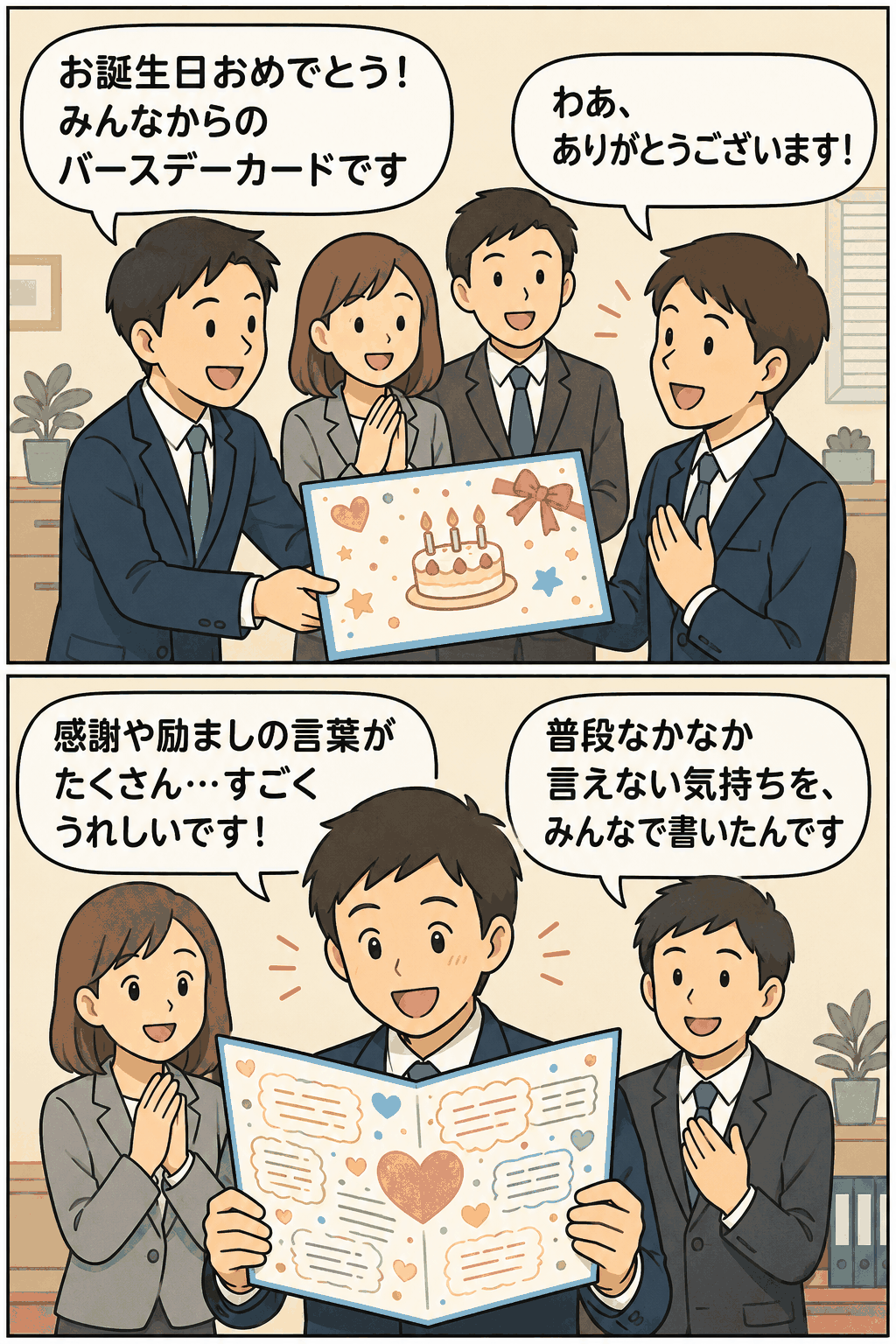 社員の誕生日を祝うため、同僚が全社員からの感謝や励ましのメッセージ入りバースデーカードを手渡す様子
