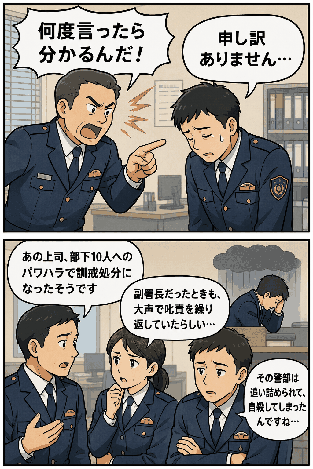 県警の上司が部下の男性警部を大声で叱責し、パワハラや本部長訓戒処分、自殺問題について同僚が語る漫画風イラスト