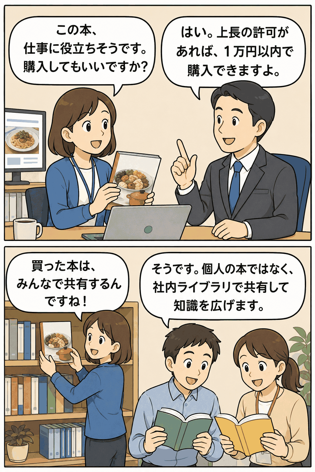 料理サイト運営会社の書籍購入制度を説明する漫画。上長の許可があれば1万円以内で業務に役立つ本を購入でき、購入後は社内ライブラリで共有する様子。