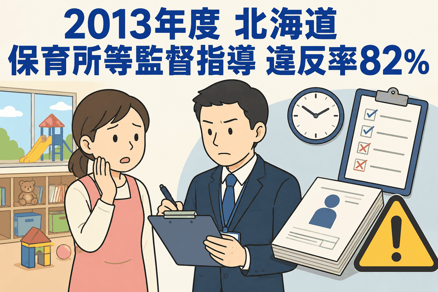 2013年度の北海道における保育所等への監督指導で、違反率82％となった結果を示すアイキャッチ画像